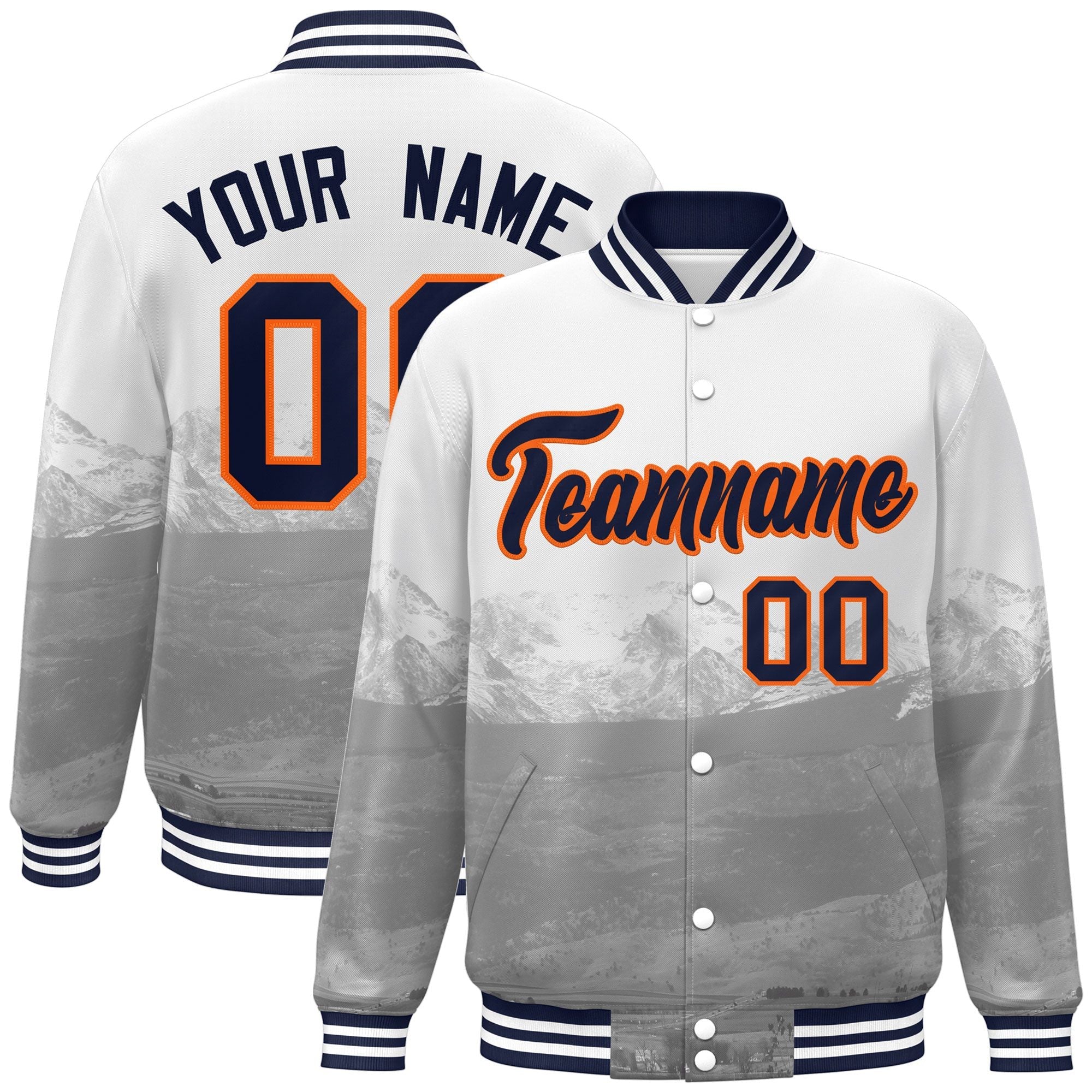 Custom White Navy-Orange Denver City Connect Track Varsity Full-Snap Jacket