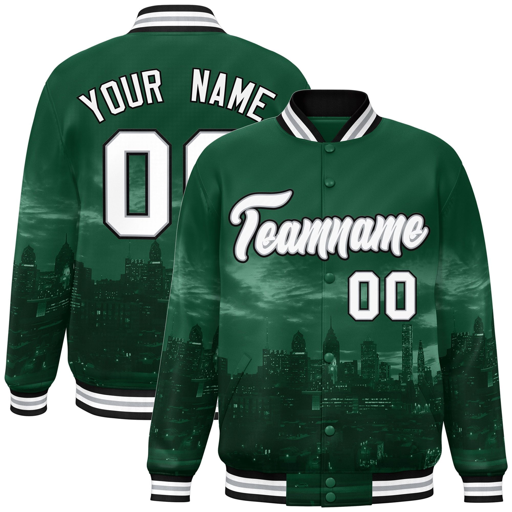 Custom Green White-Black Philadelphia City Connect Track Varsity Full-Snap Jacket