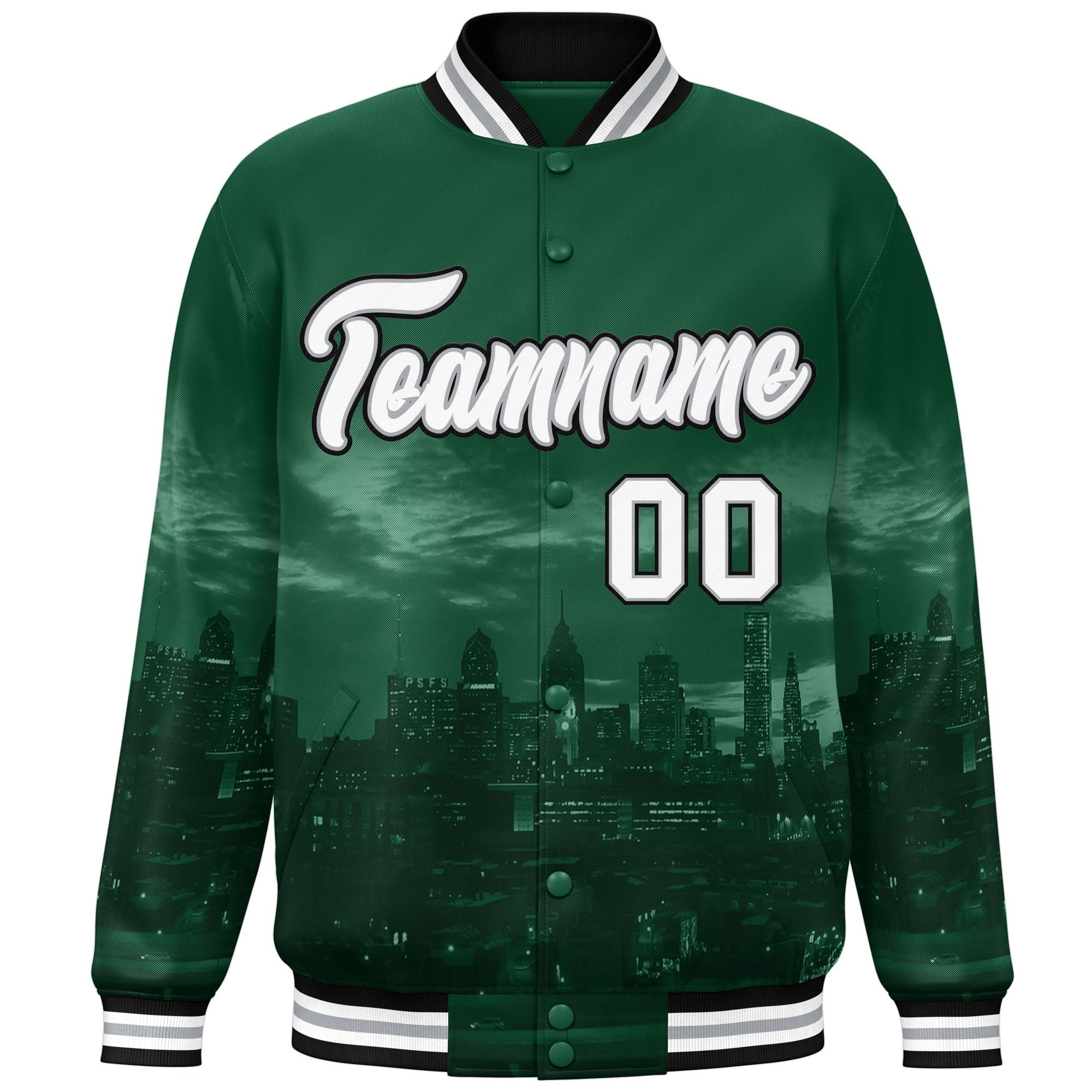 Custom Green White-Black Philadelphia City Connect Track Varsity Full-Snap Jacket