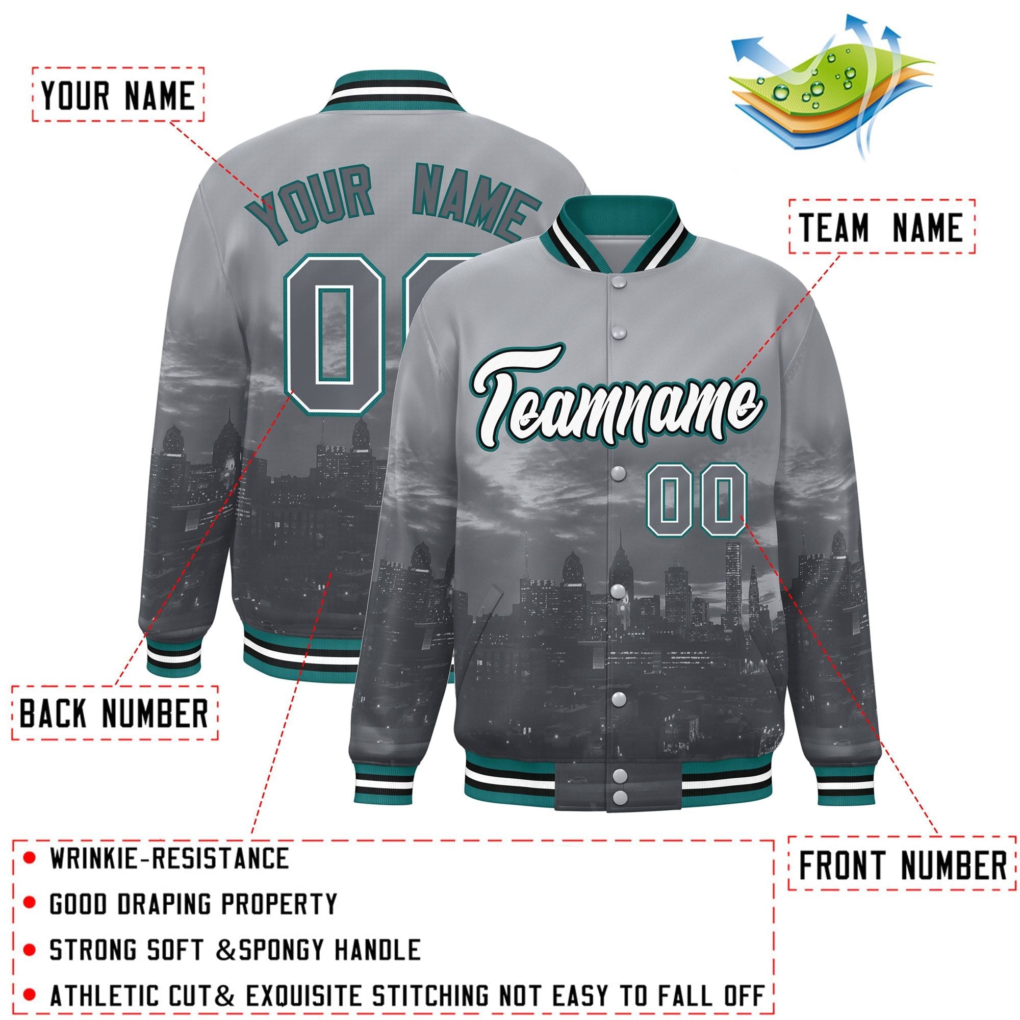 Custom Gray White-Aqua Philadelphia City Connect Track Varsity Full-Snap Jacket