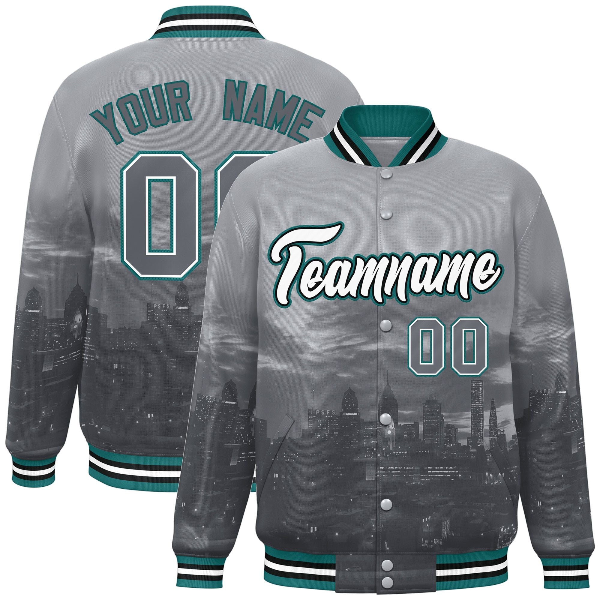 Custom Gray White-Aqua Philadelphia City Connect Track Varsity Full-Snap Jacket