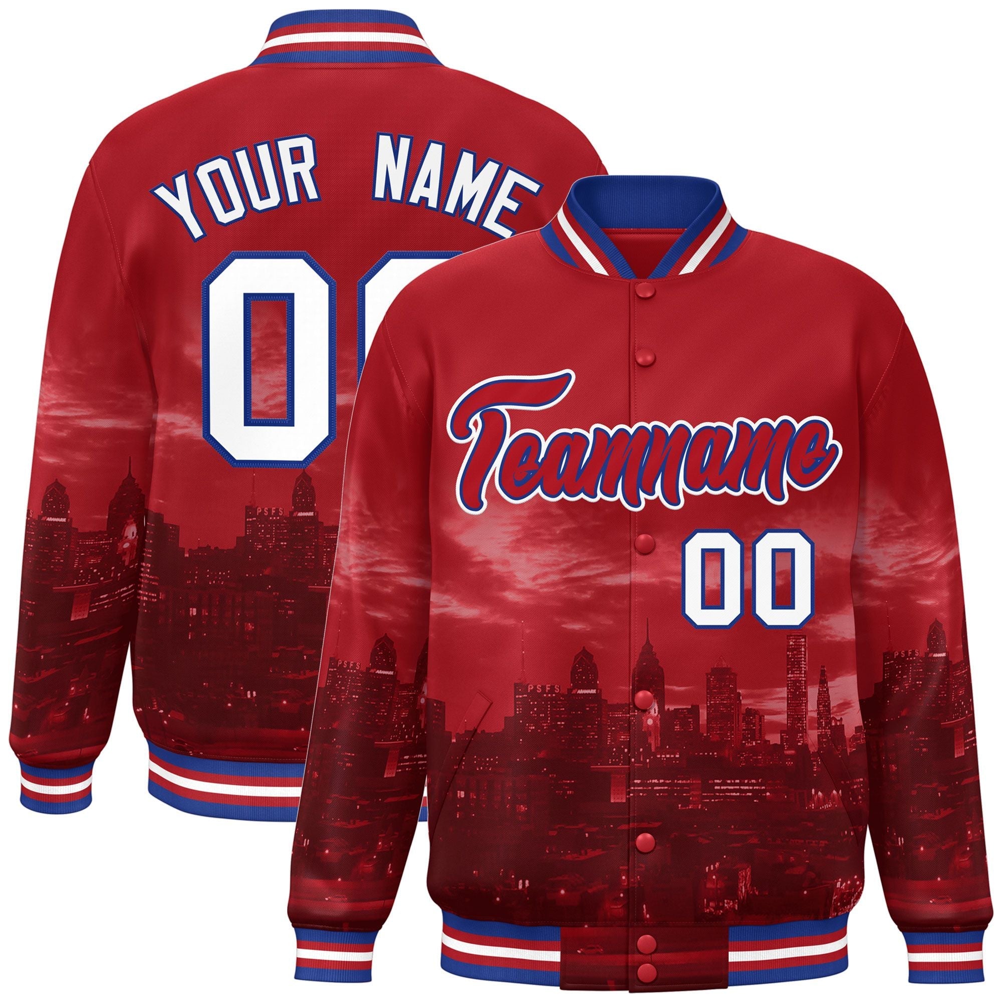 Custom Red Royal-White Philadelphia City Connect Track Varsity Full-Snap Jacket