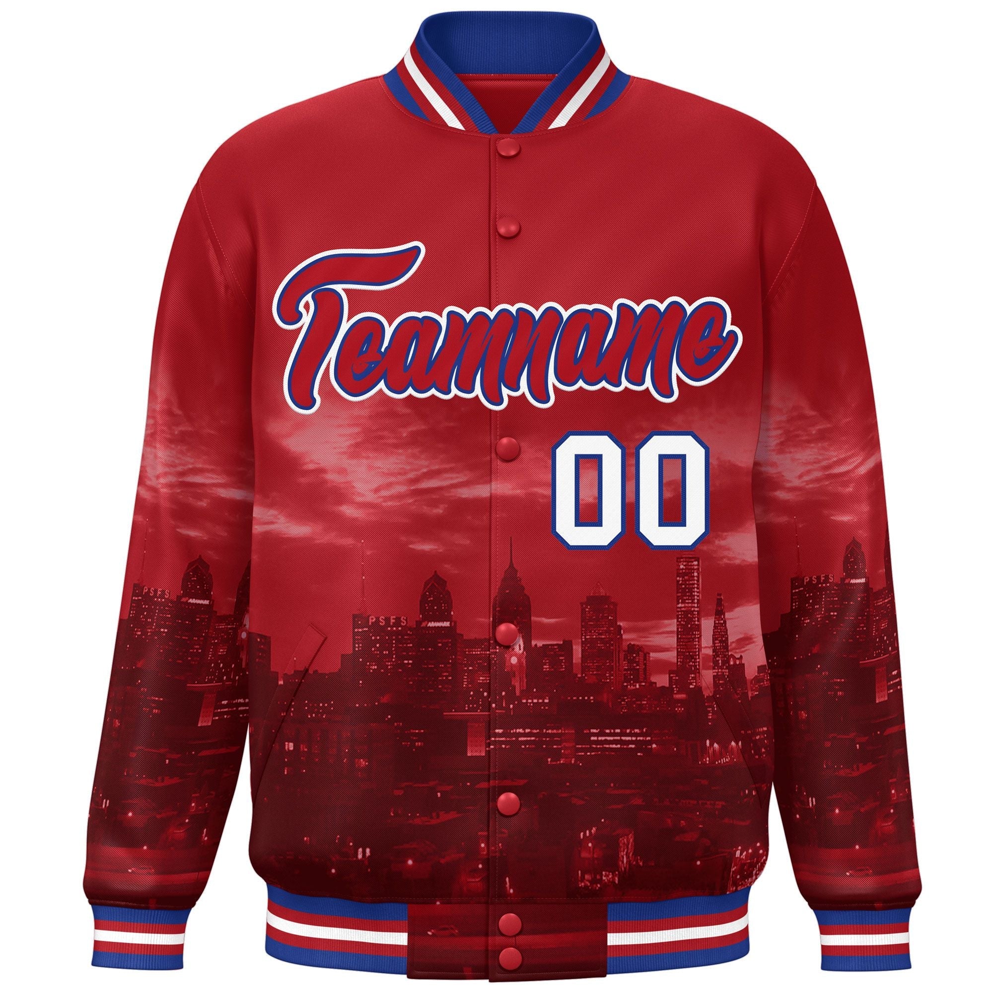 Custom Red Royal-White Philadelphia City Connect Track Varsity Full-Snap Jacket