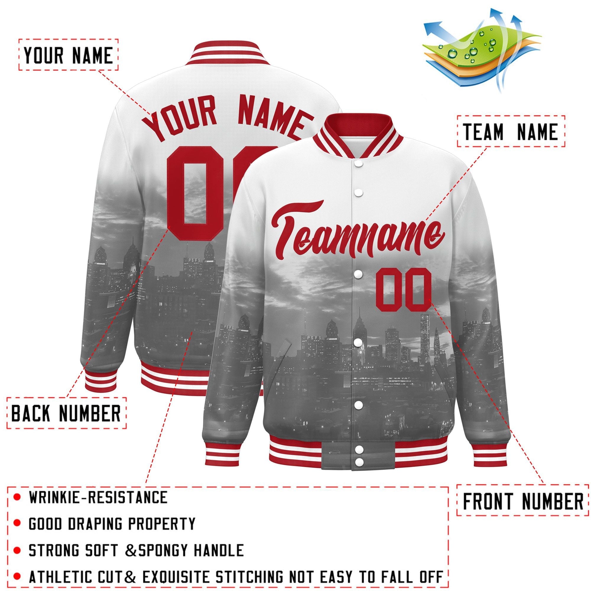 Custom White Red Philadelphia City Connect Track Varsity Full-Snap Jacket