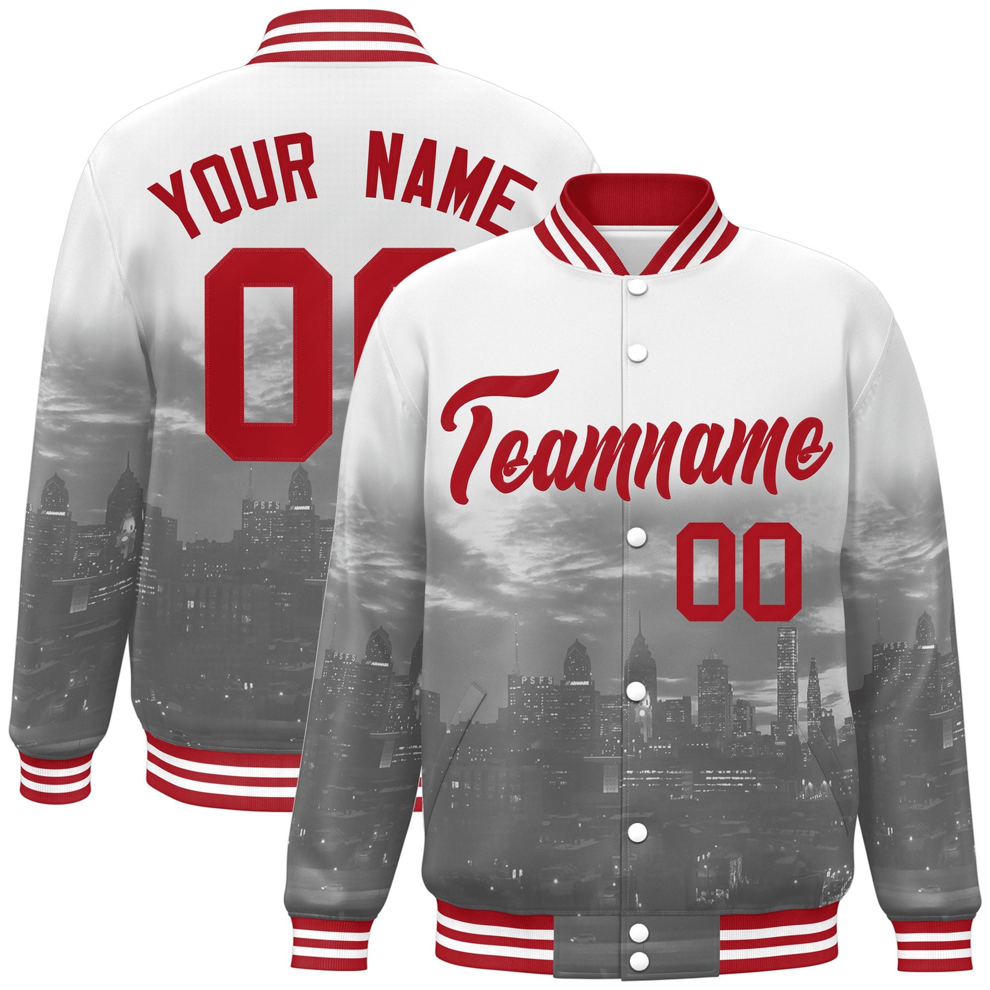 Custom White Red Philadelphia City Connect Track Varsity Full-Snap Jacket