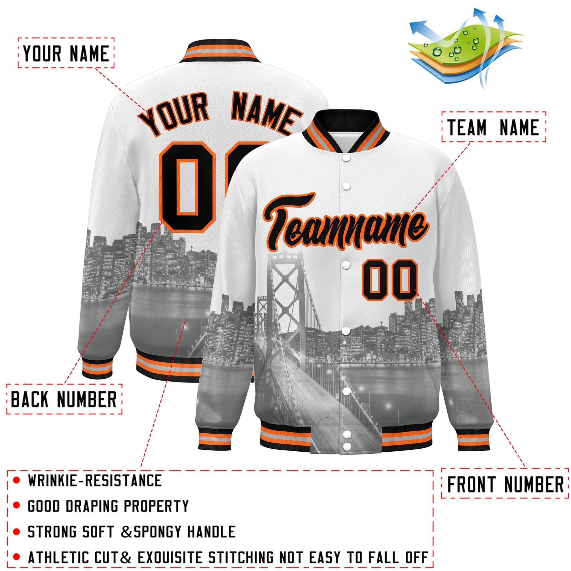 Custom White Black-Orange San Francisco City Connect Track Varsity Full-Snap Jacket