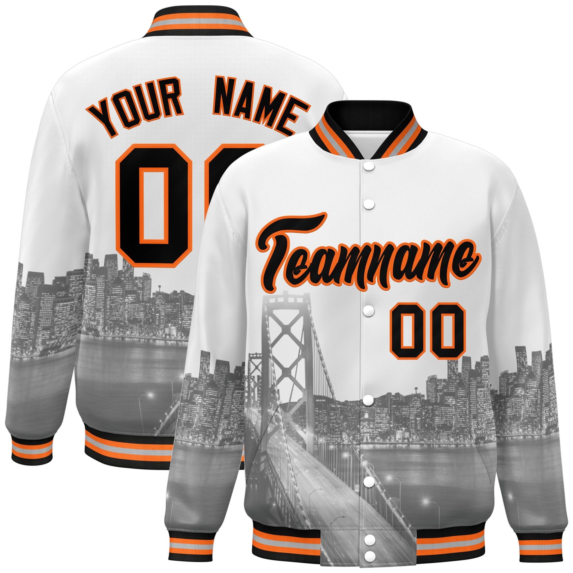 Custom White Black-Orange San Francisco City Connect Track Varsity Full-Snap Jacket