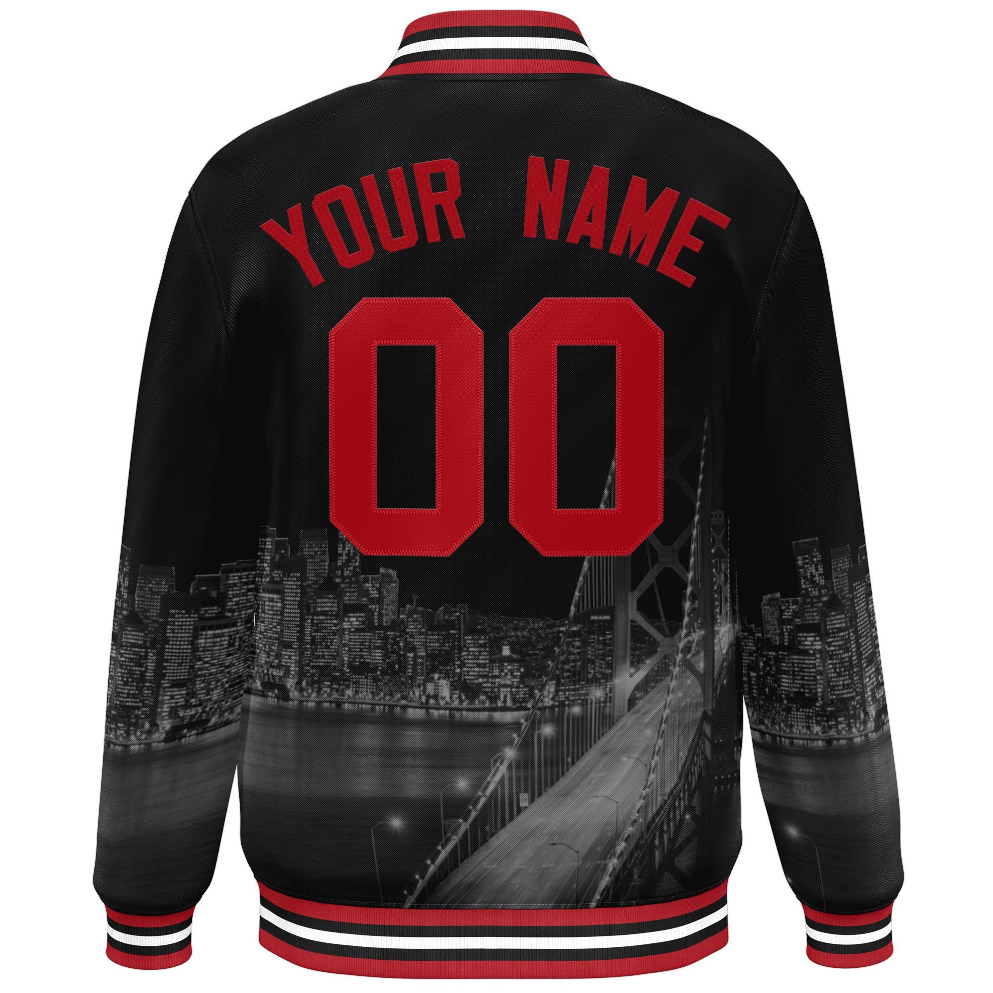 Custom Black Red San Francisco City Connect Track Varsity Full-Snap Jacket