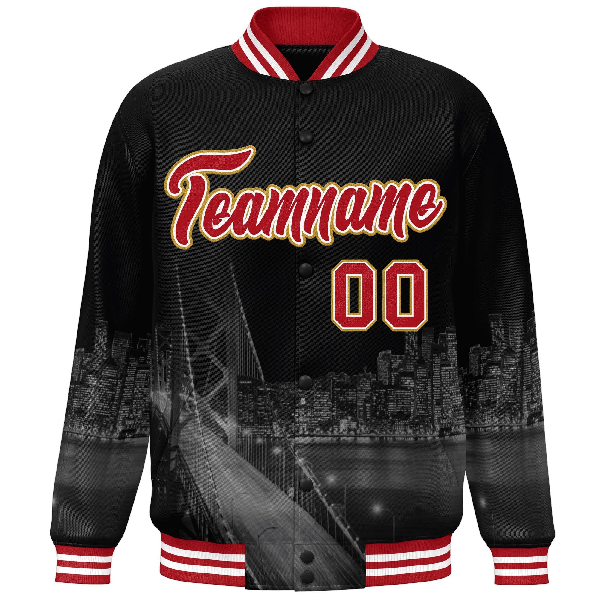 Custom Black Red-White San Francisco City Connect Track Varsity Full-Snap Jacket