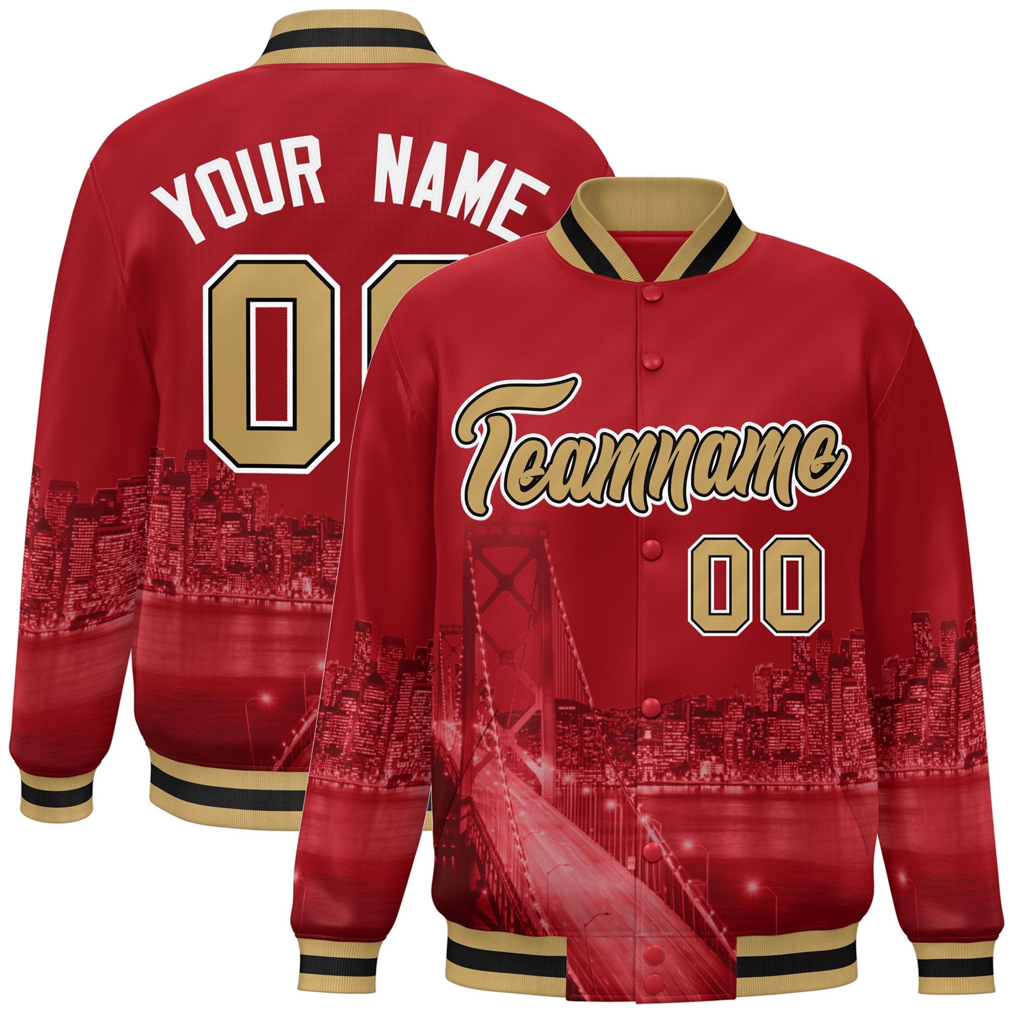 Custom Red Old Gold-White San Francisco City Connect Track Varsity Full-Snap Jacket