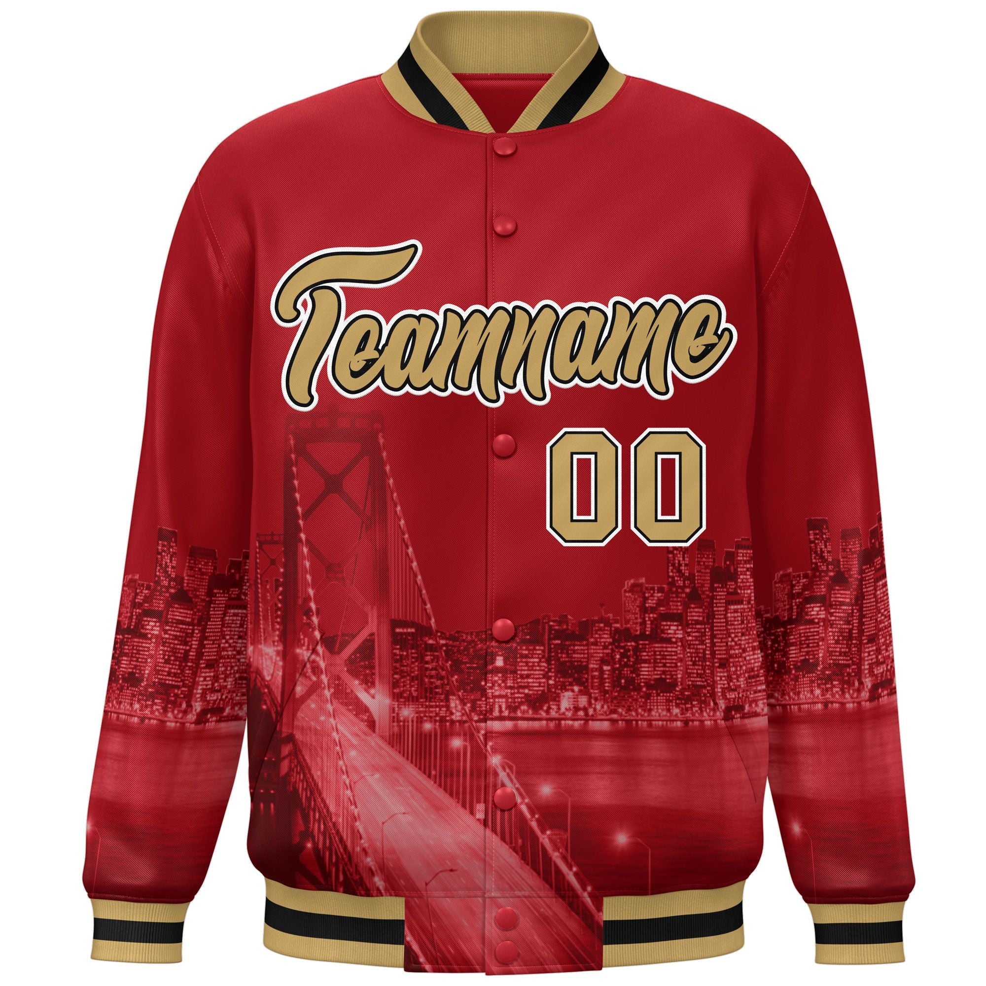 Custom Red Old Gold-White San Francisco City Connect Track Varsity Full-Snap Jacket