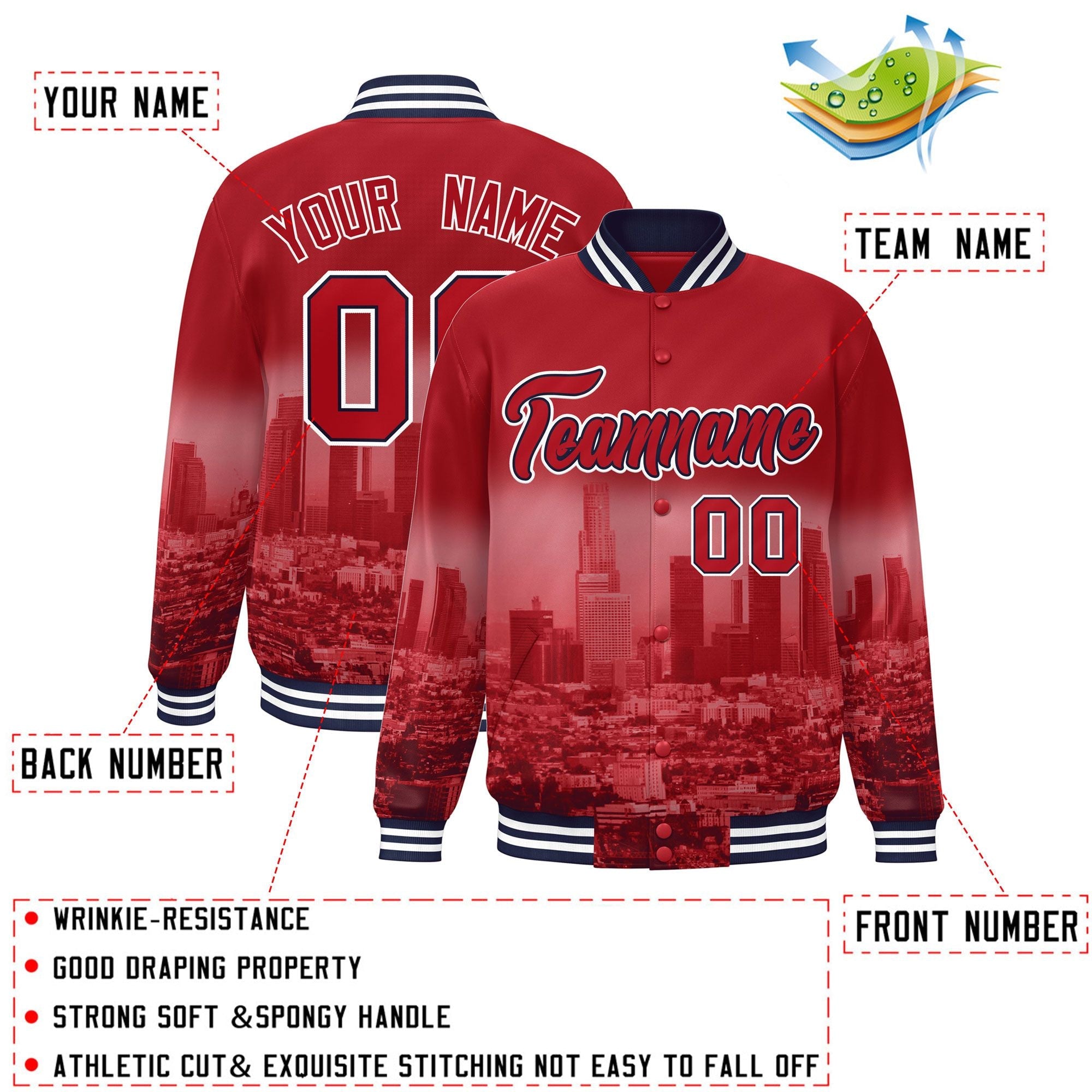 Custom Red Navy-White Los Angeles City Connect Track Varsity Full-Snap Jacket