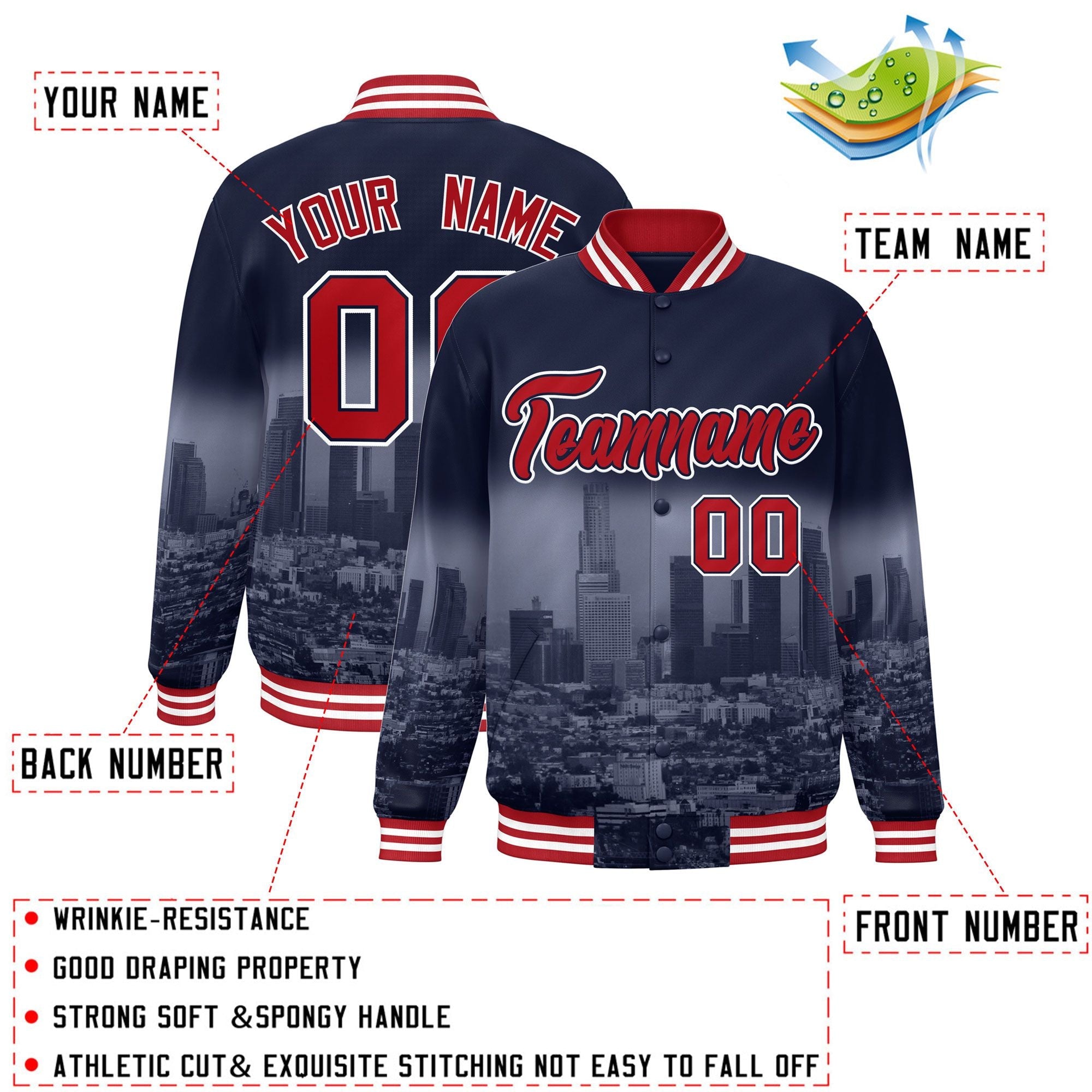 Custom Navy Red-White Los Angeles City Connect Track Varsity Full-Snap Jacket