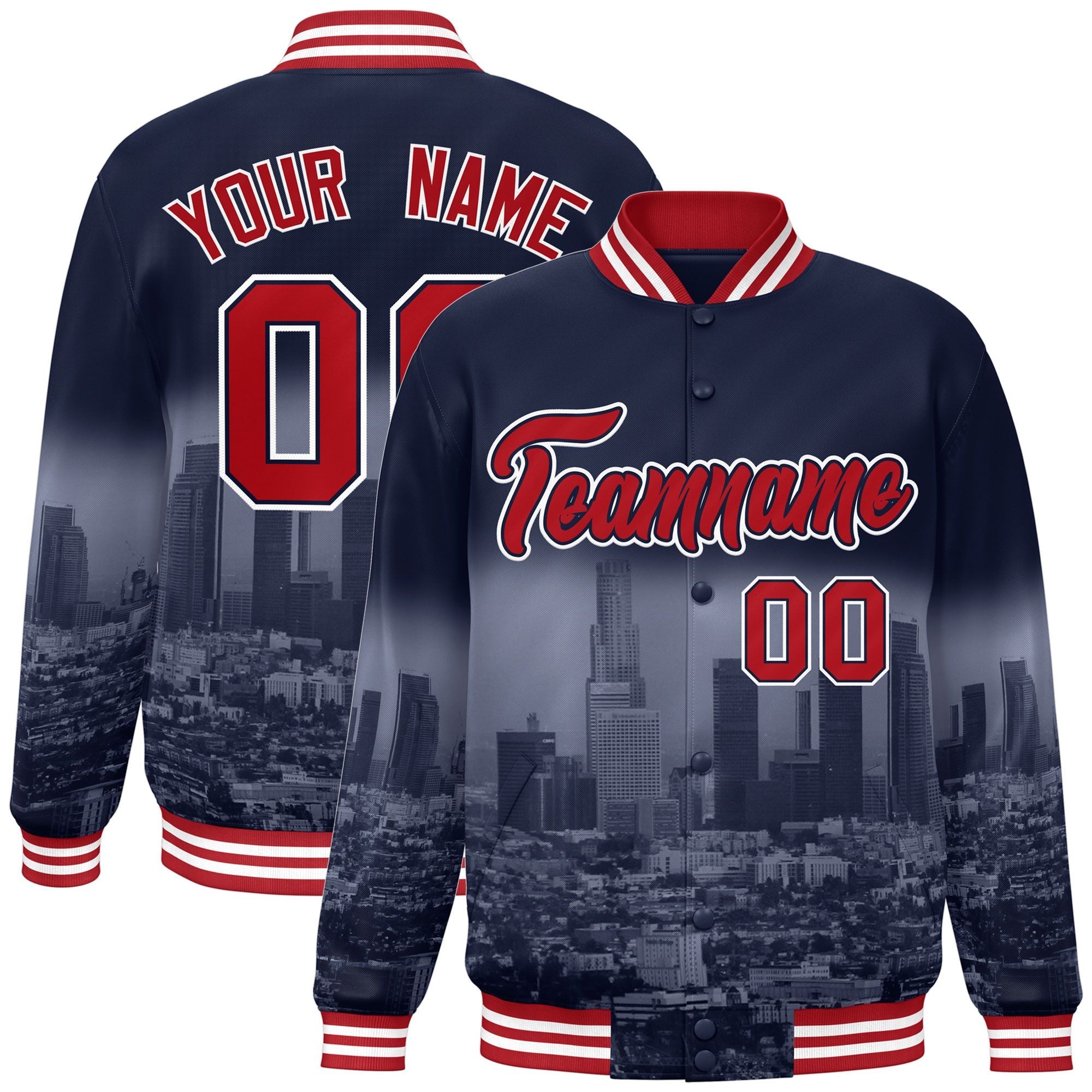 Custom Navy Red-White Los Angeles City Connect Track Varsity Full-Snap Jacket