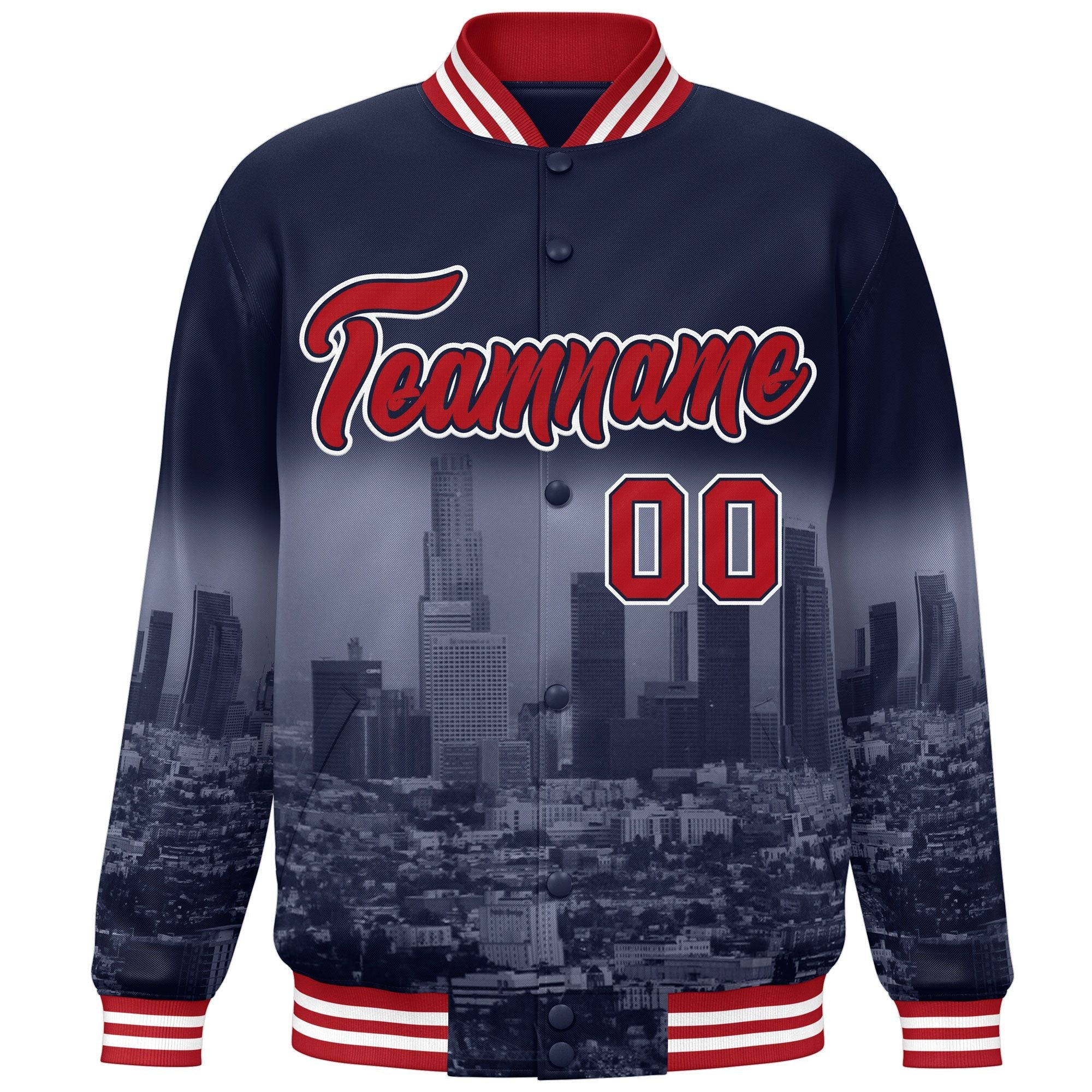 Custom Navy Red-White Los Angeles City Connect Track Varsity Full-Snap Jacket