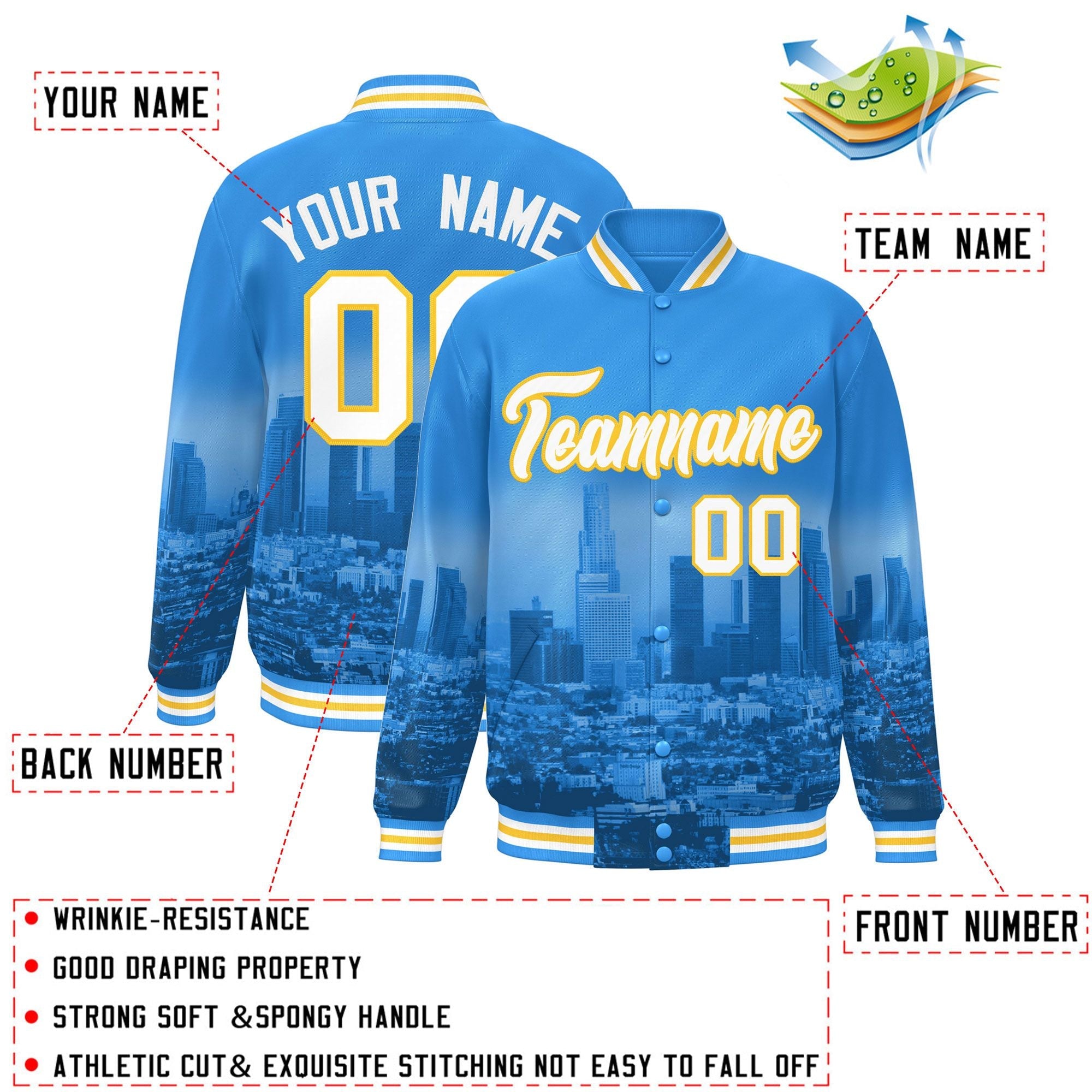 Custom Powder Blue White-Gold Los Angeles City Connect Track Varsity Full-Snap Jacket