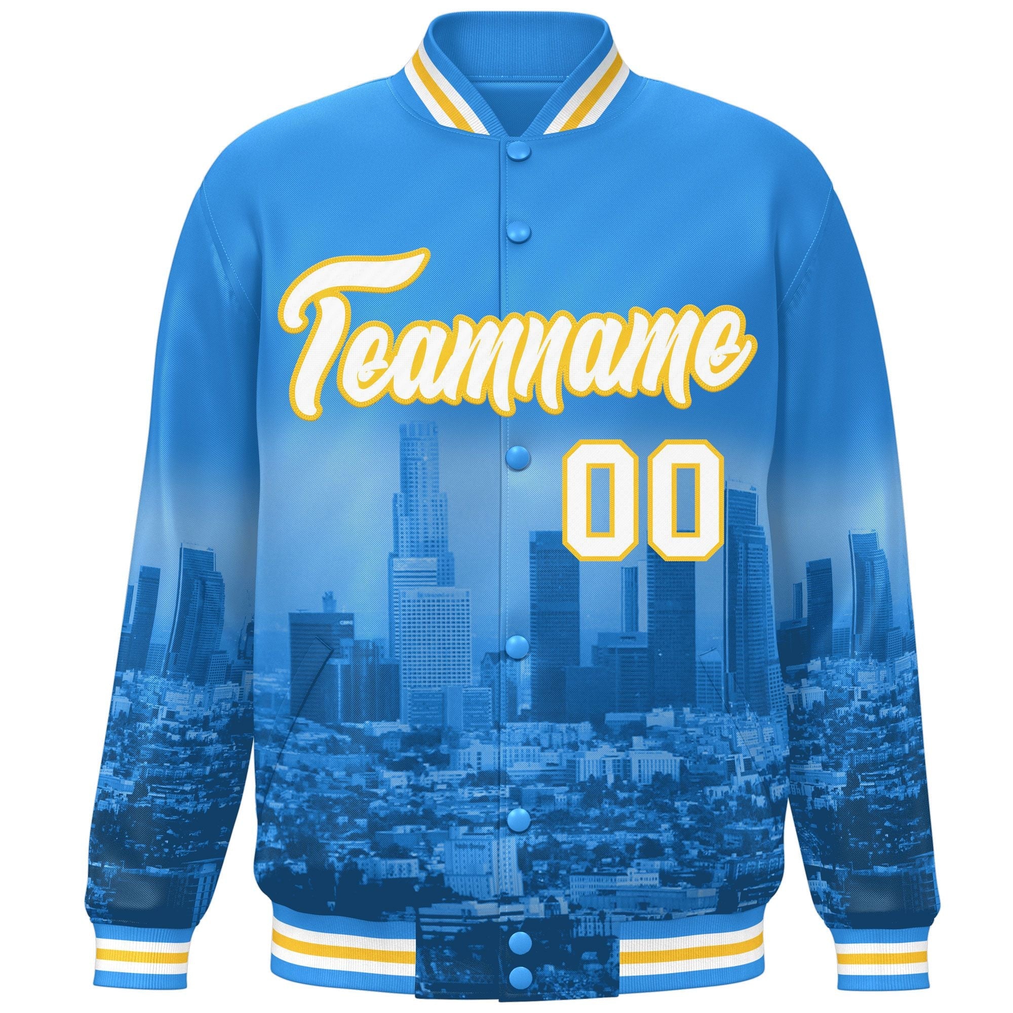 Custom Powder Blue White-Gold Los Angeles City Connect Track Varsity Full-Snap Jacket