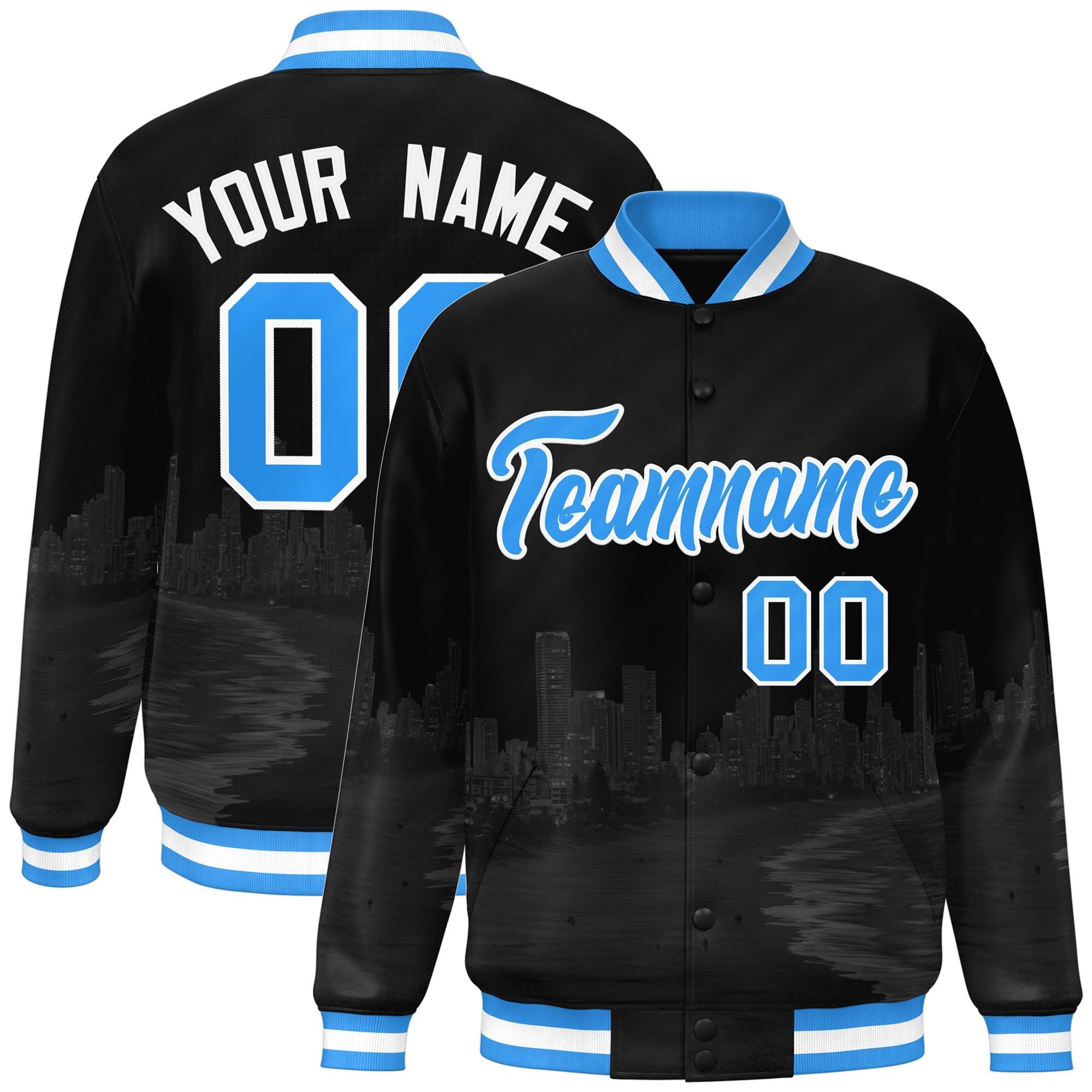 Custom Black Powder Blue-White Miami City Connect Track Varsity Full-Snap Jacket