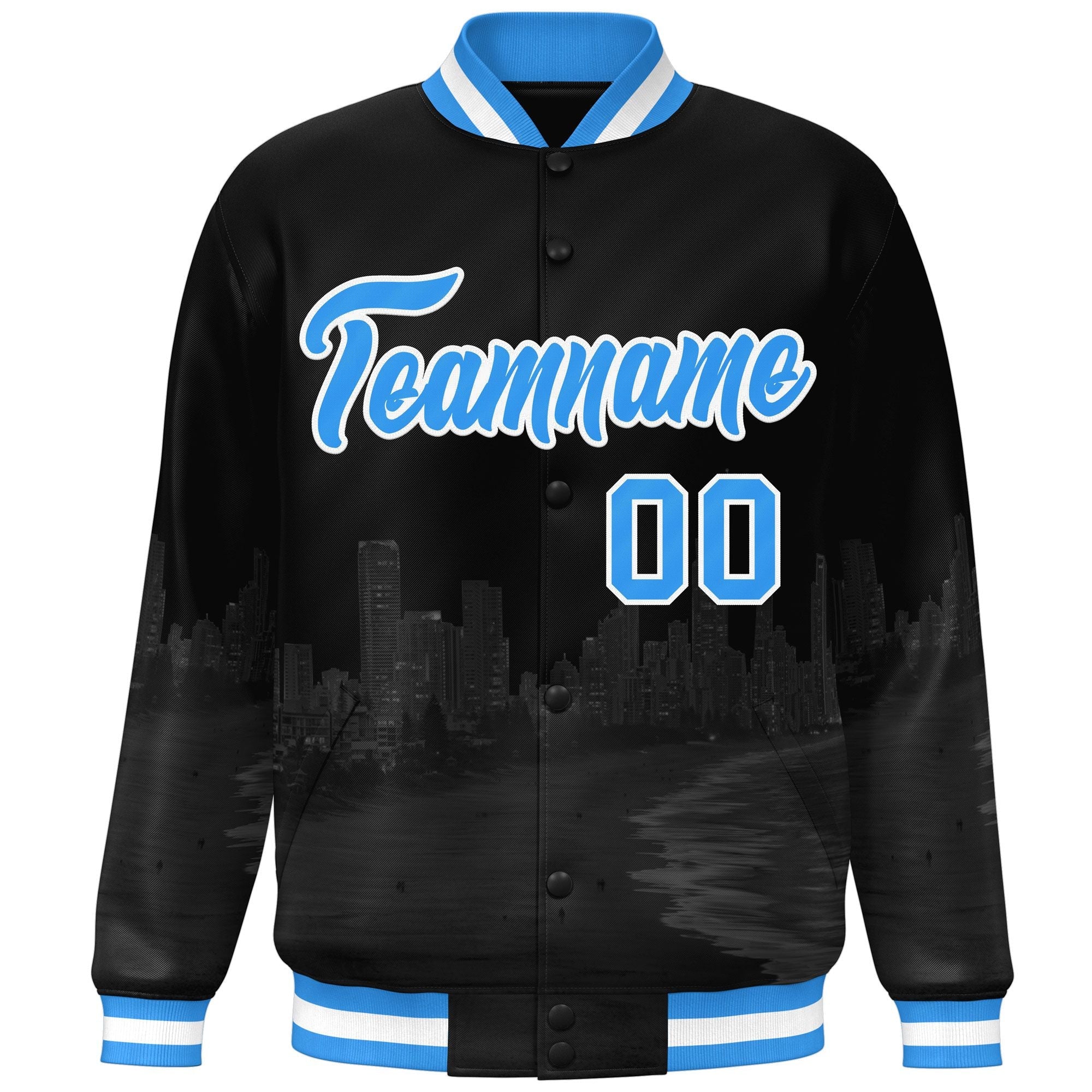 Custom Black Powder Blue-White Miami City Connect Track Varsity Full-Snap Jacket