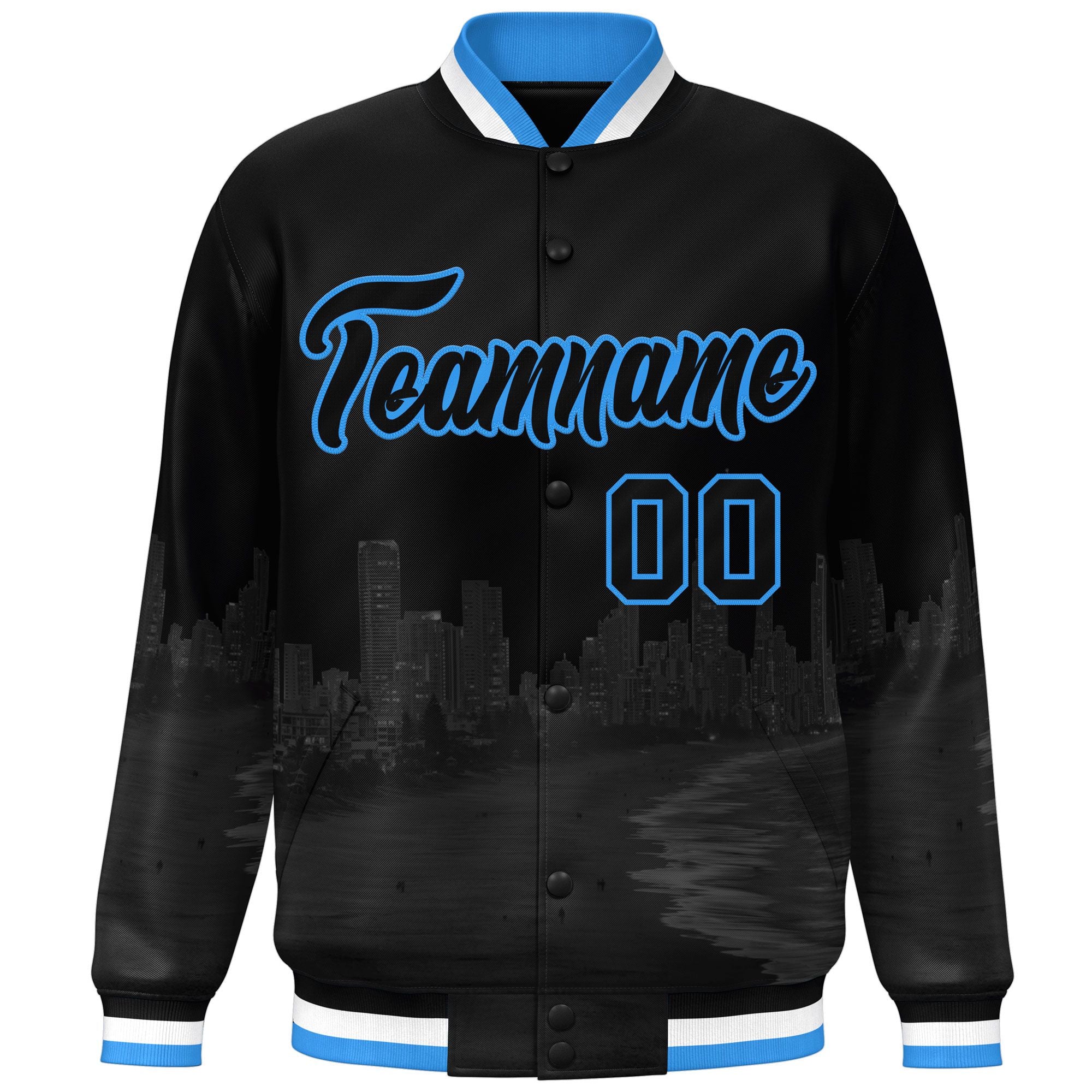 Custom Black Powder Blue Miami City Connect Track Varsity Full-Snap Jacket