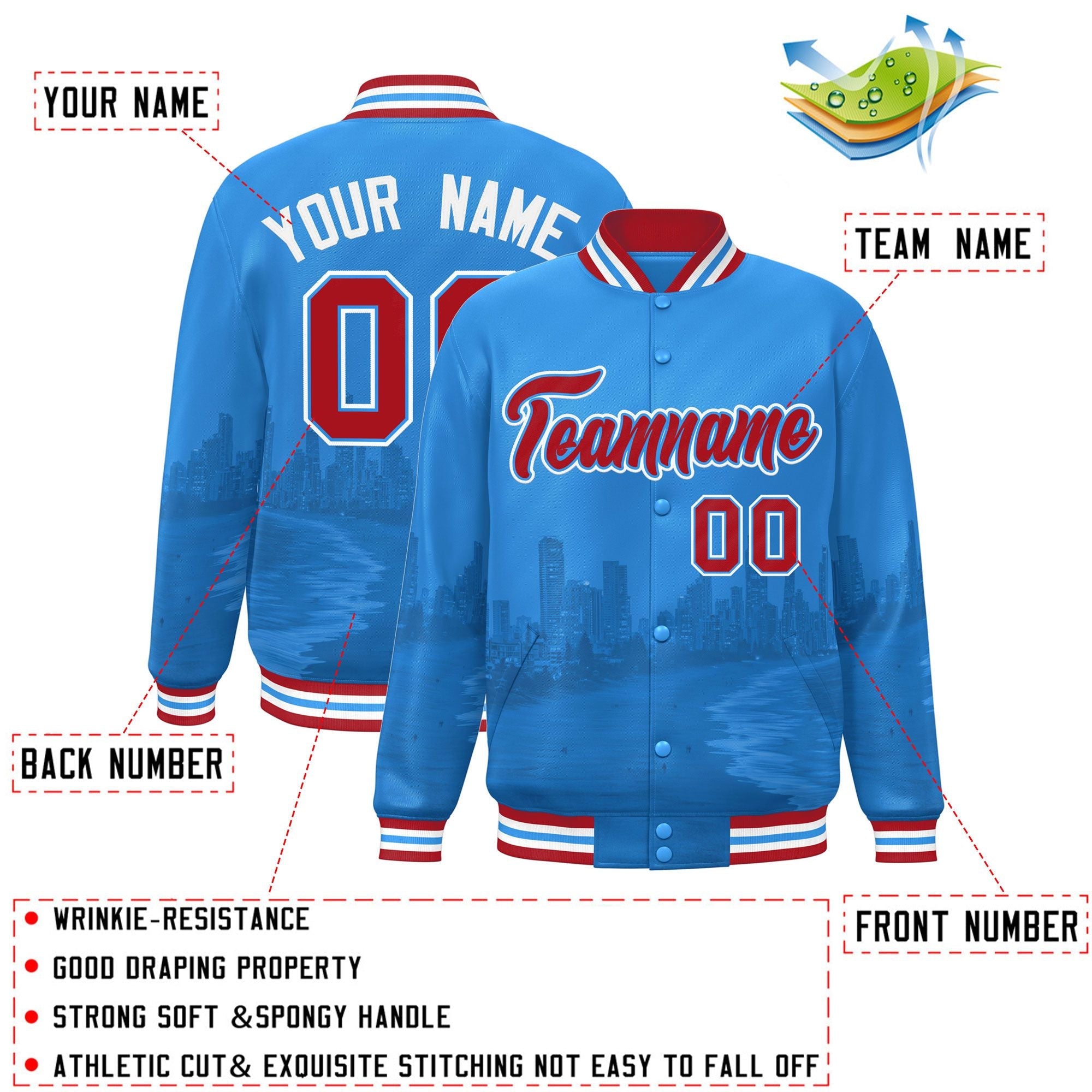 Custom Powder Blue Red-White Miami City Connect Track Varsity Full-Snap Jacket