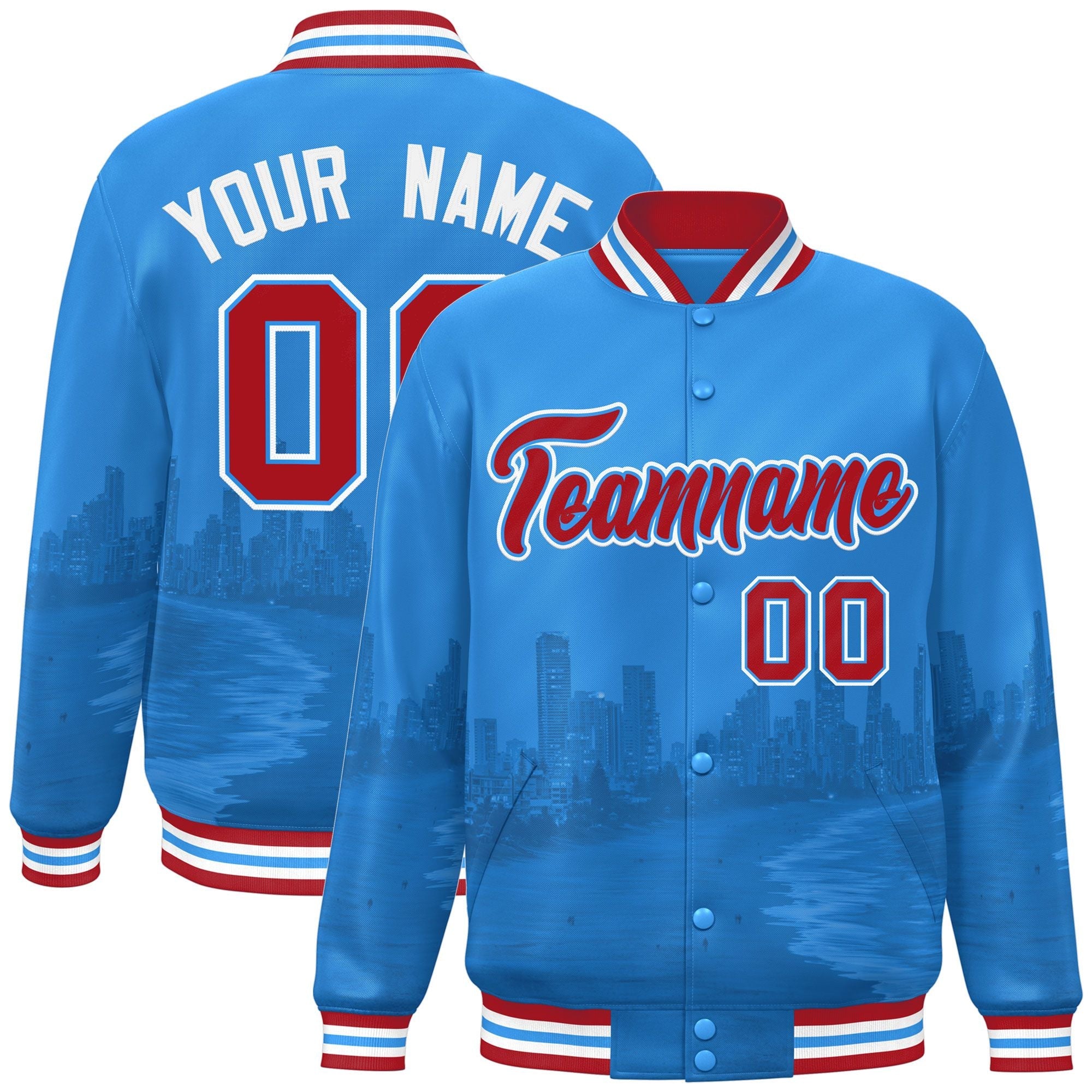 Custom Powder Blue Red-White Miami City Connect Track Varsity Full-Snap Jacket