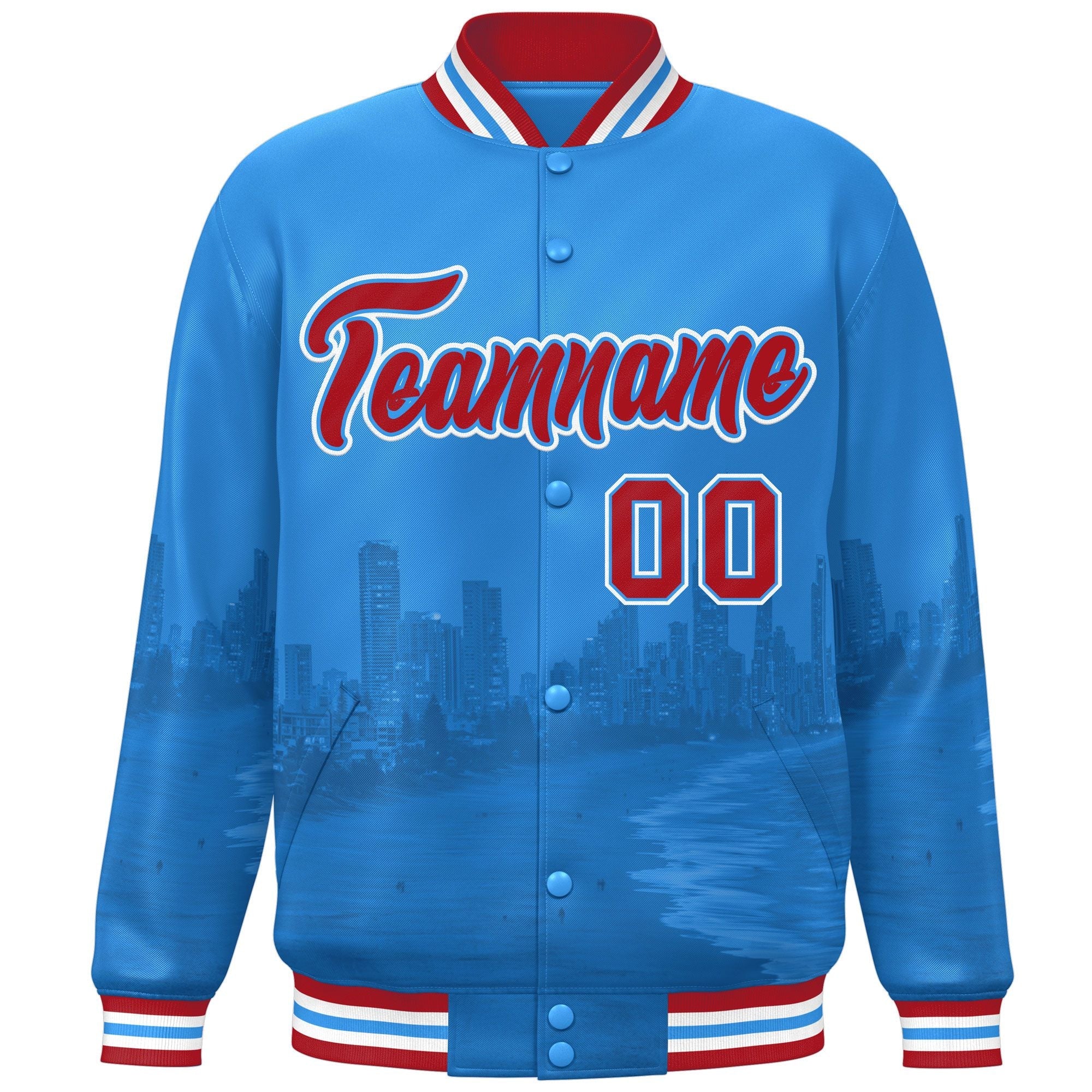 Custom Powder Blue Red-White Miami City Connect Track Varsity Full-Snap Jacket