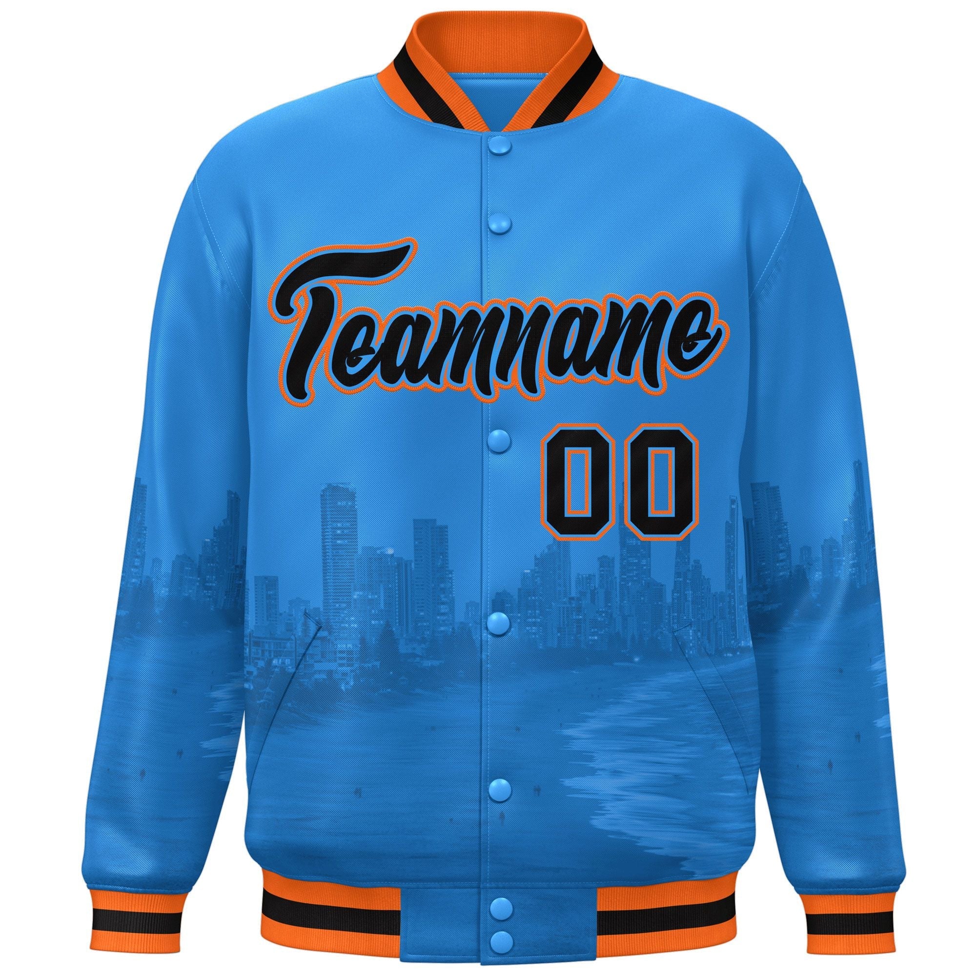 Custom Powder Blue Black-Orange Miami City Connect Track Varsity Full-Snap Jacket