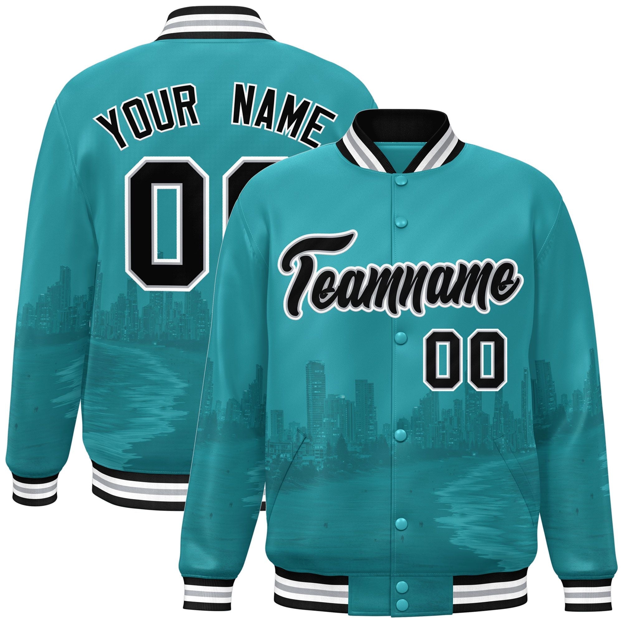 Custom Aqua Black-White Miami City Connect Track Varsity Full-Snap Jacket