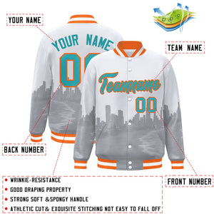 Custom White Aqua-Orange Miami City Connect Track Varsity Full-Snap Jacket