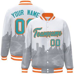 Custom White Aqua-Orange Miami City Connect Track Varsity Full-Snap Jacket