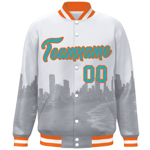 Custom White Aqua-Orange Miami City Connect Track Varsity Full-Snap Jacket