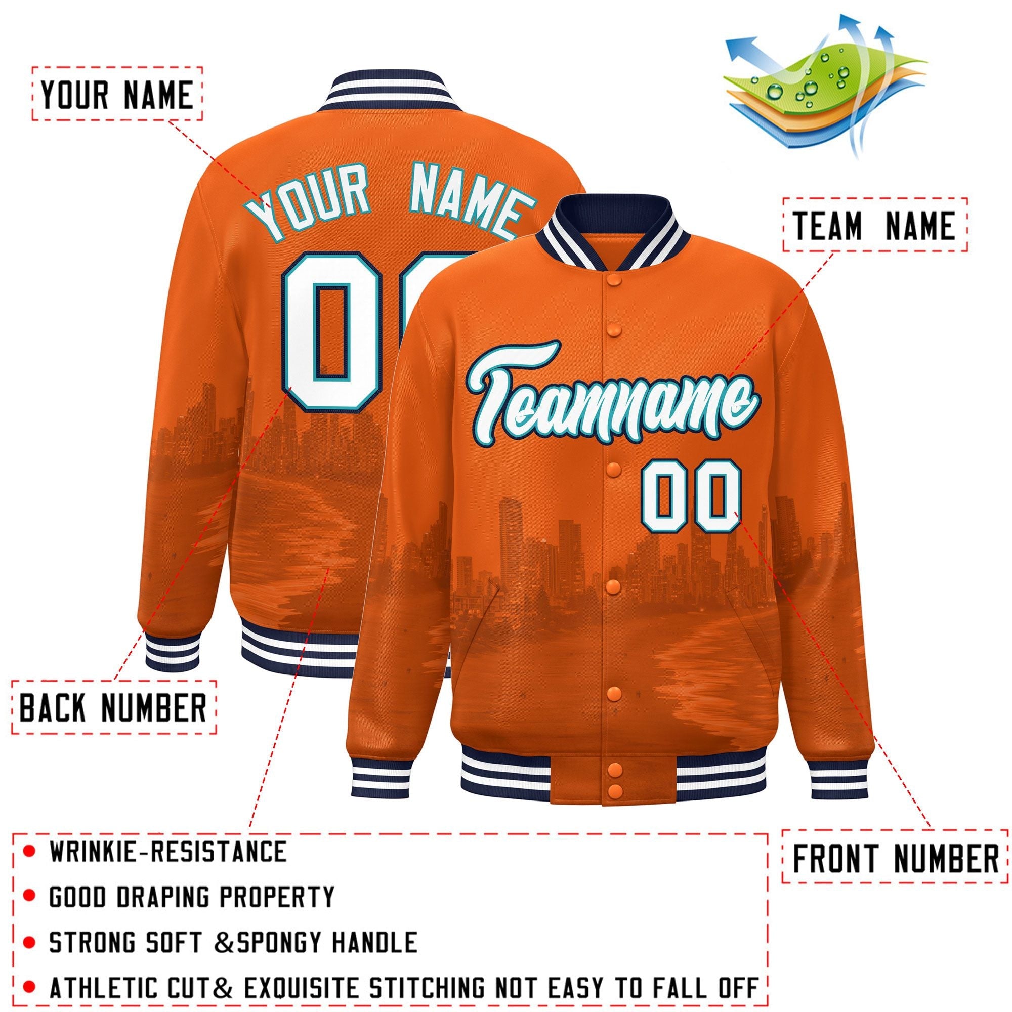 Custom Orange White-Navy Miami City Connect Track Varsity Full-Snap Jacket