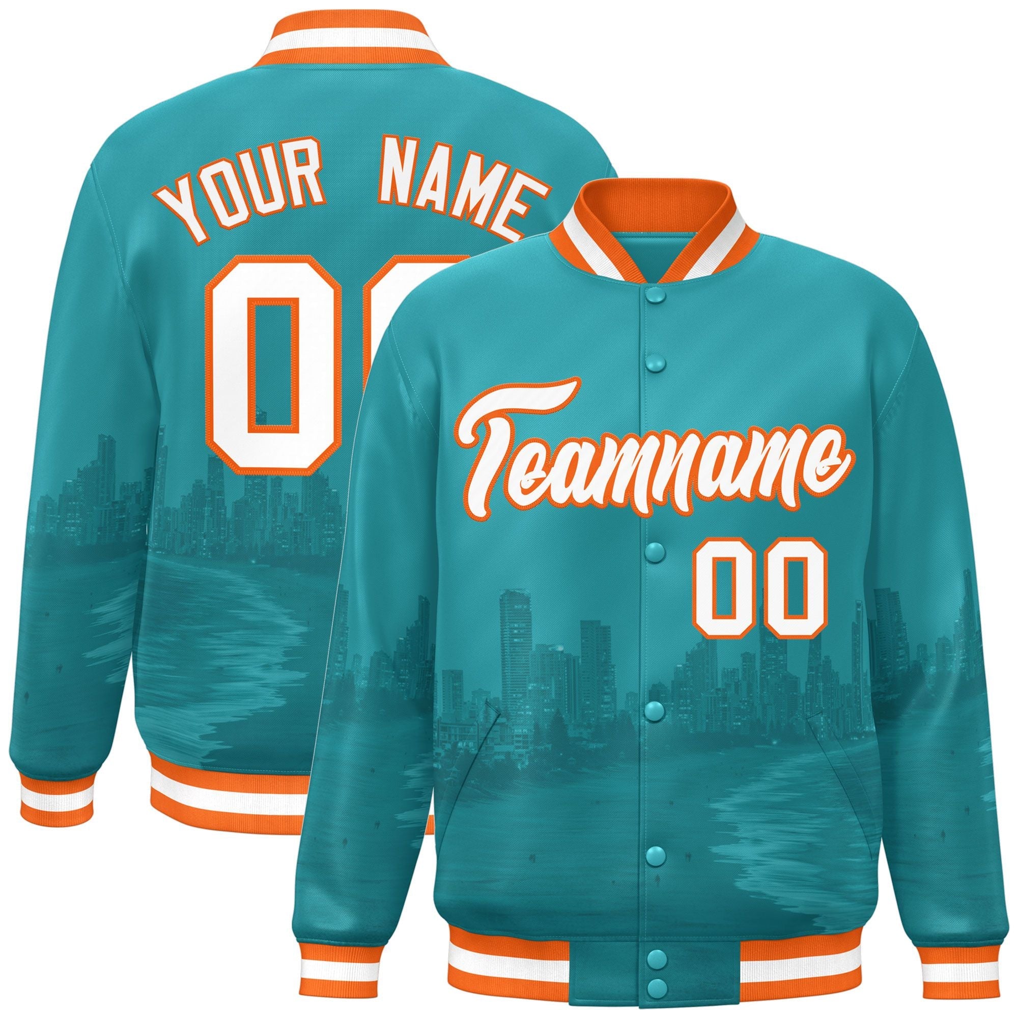 Custom Aqua White-Orange Miami City Connect Track Varsity Full-Snap Jacket