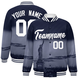 Custom Navy White New York City Connect Track Varsity Full-Snap Jacket