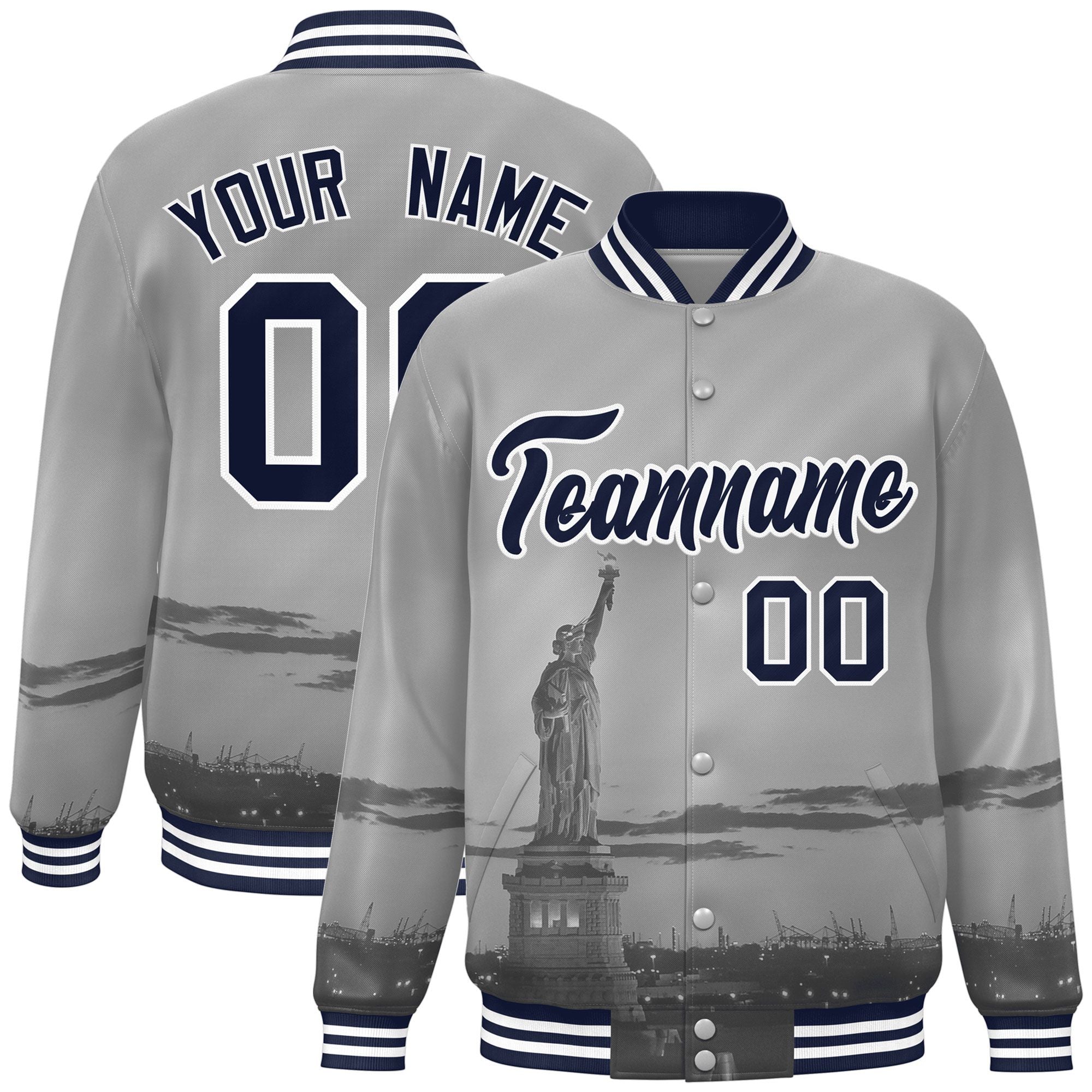 Custom Gray Navy-White New York City Connect Track Varsity Full-Snap Jacket