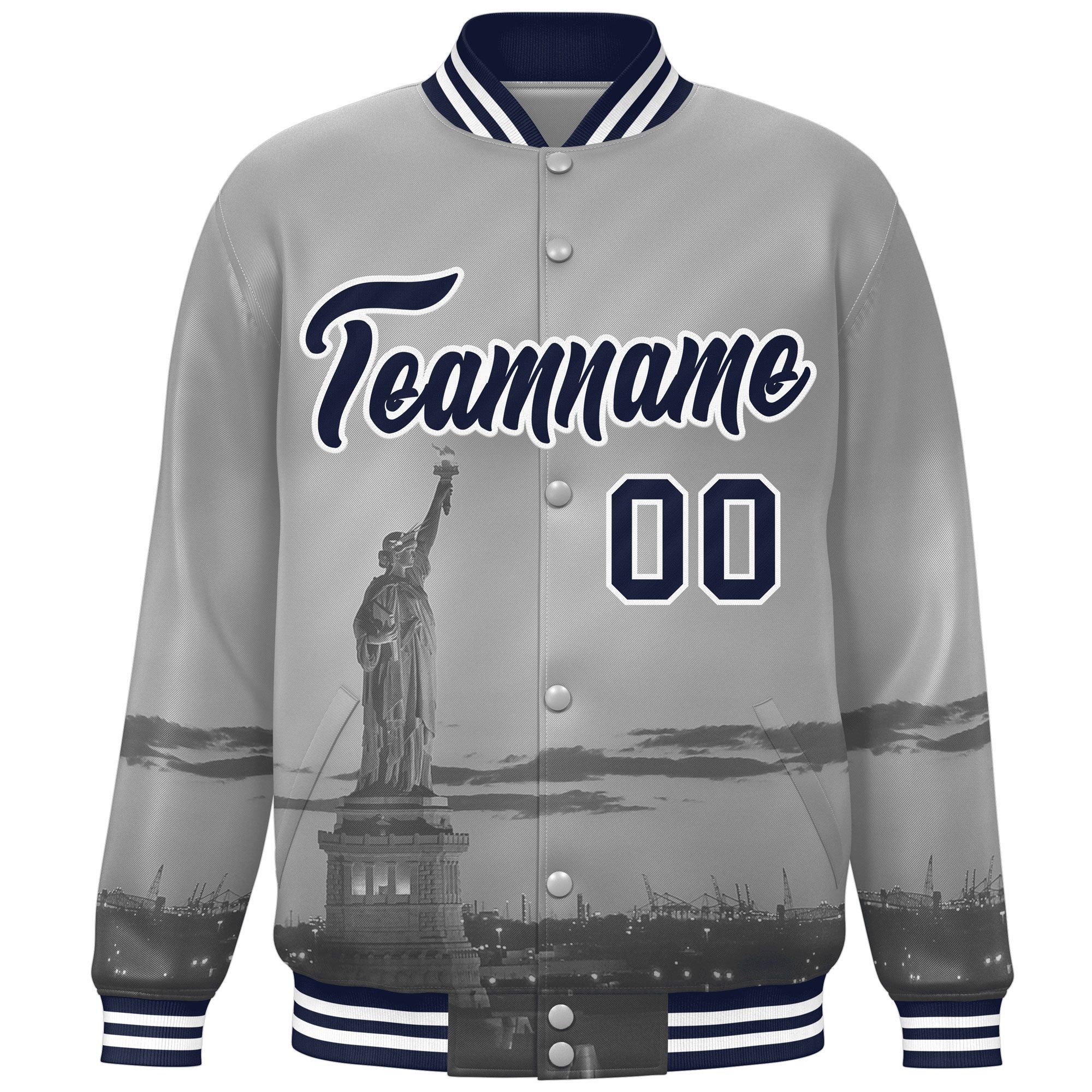 Custom Gray Navy-White New York City Connect Track Varsity Full-Snap Jacket