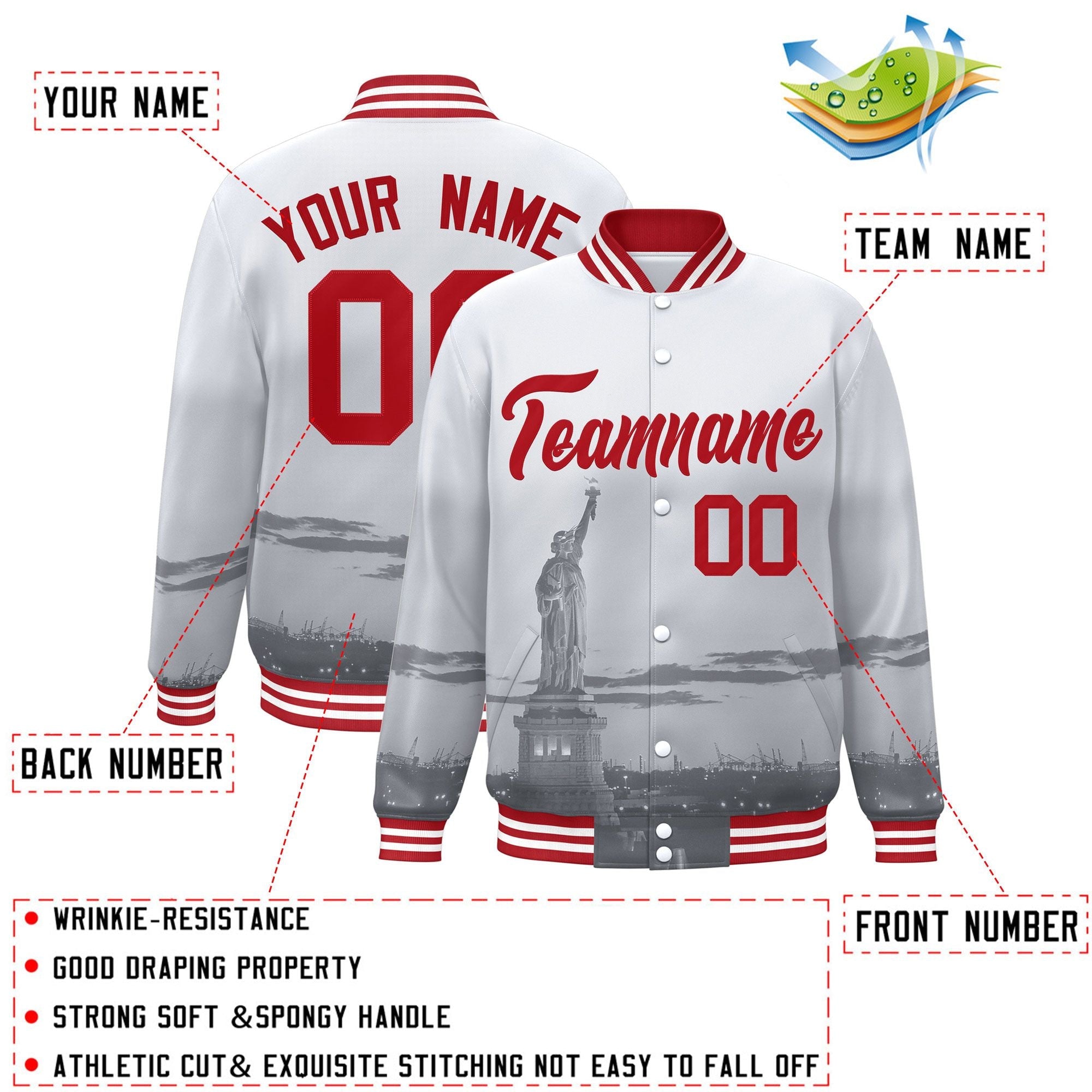 Custom White Red New York City Connect Track Varsity Full-Snap Jacket