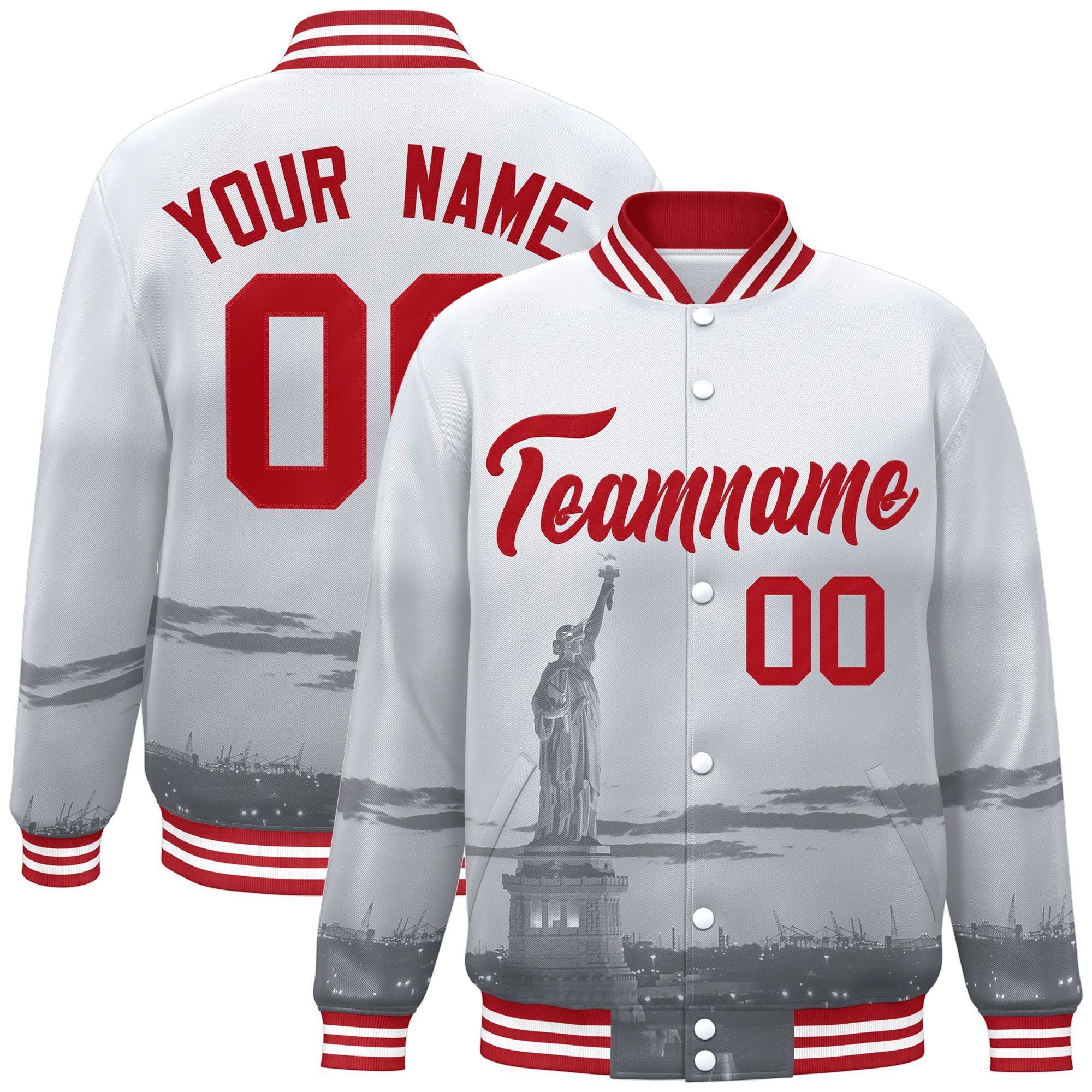 Custom White Red New York City Connect Track Varsity Full-Snap Jacket