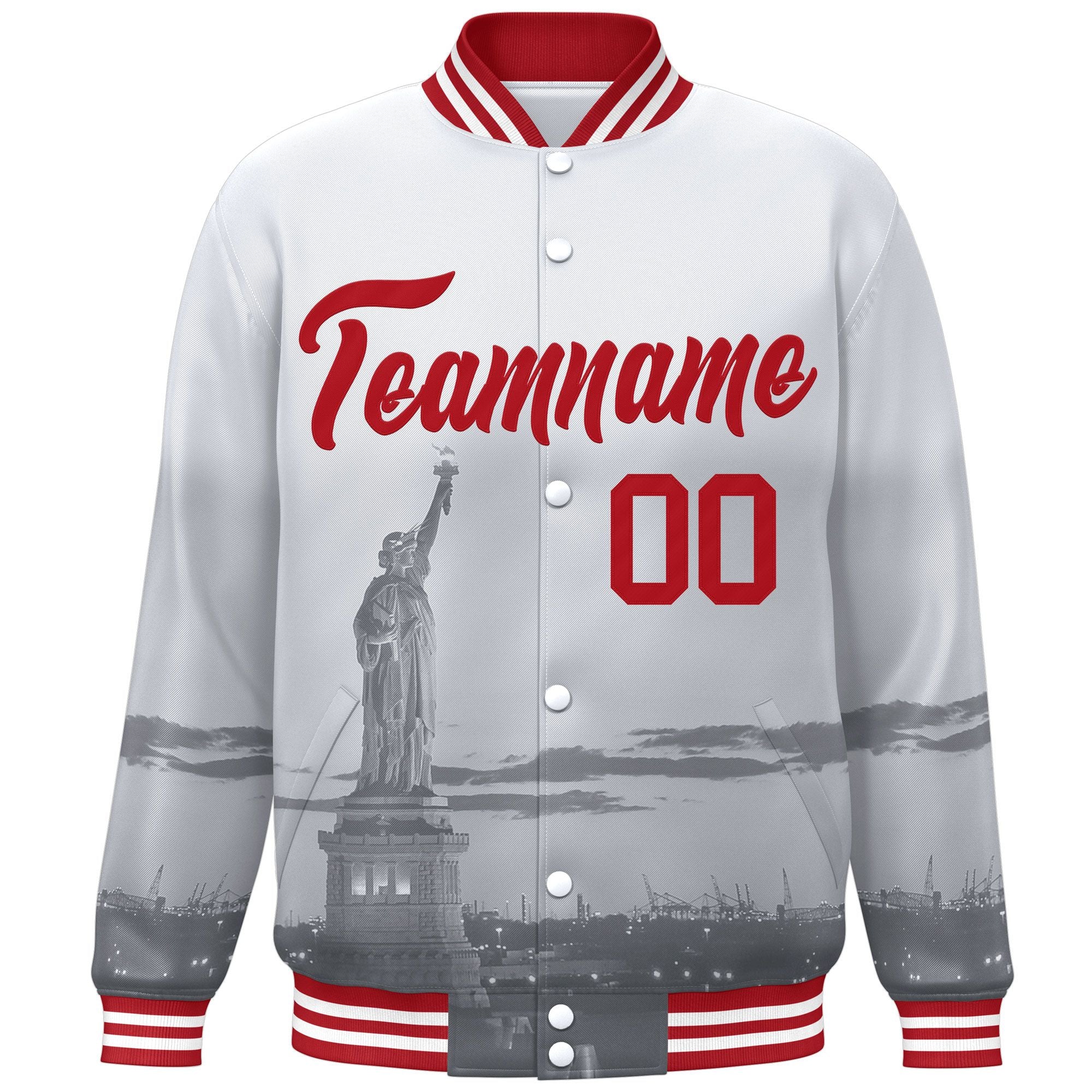 Custom White Red New York City Connect Track Varsity Full-Snap Jacket