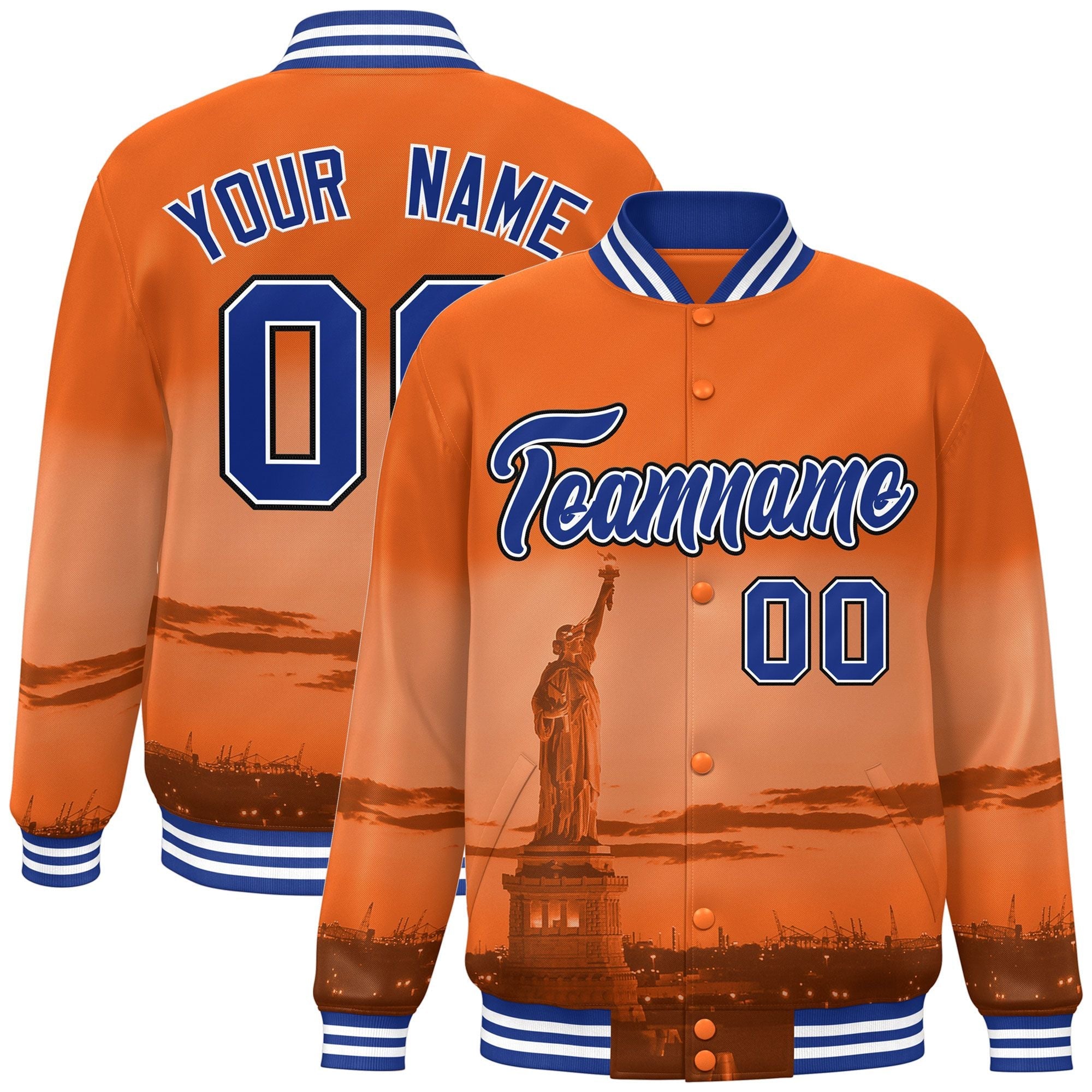 Custom Orange Royal-Black New York City Connect Track Varsity Full-Snap Jacket