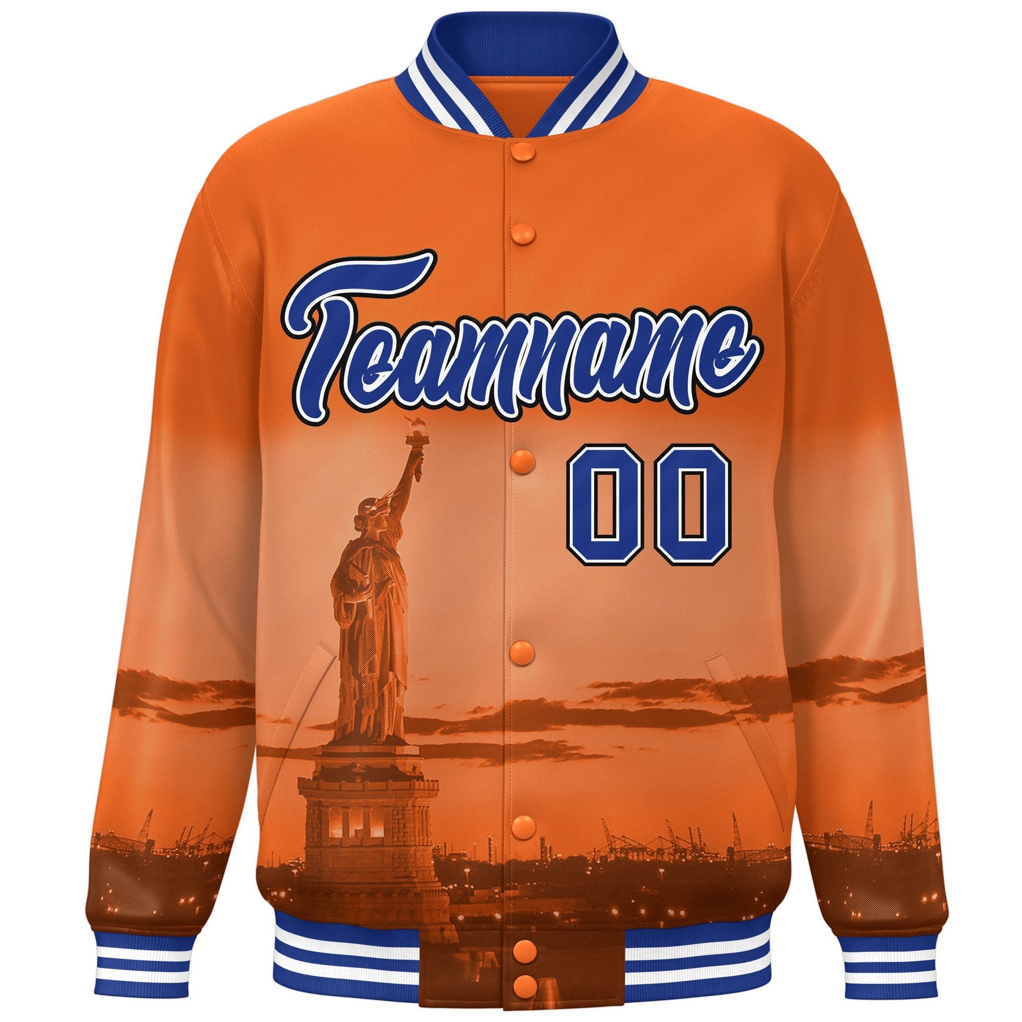 Custom Orange Royal-Black New York City Connect Track Varsity Full-Snap Jacket