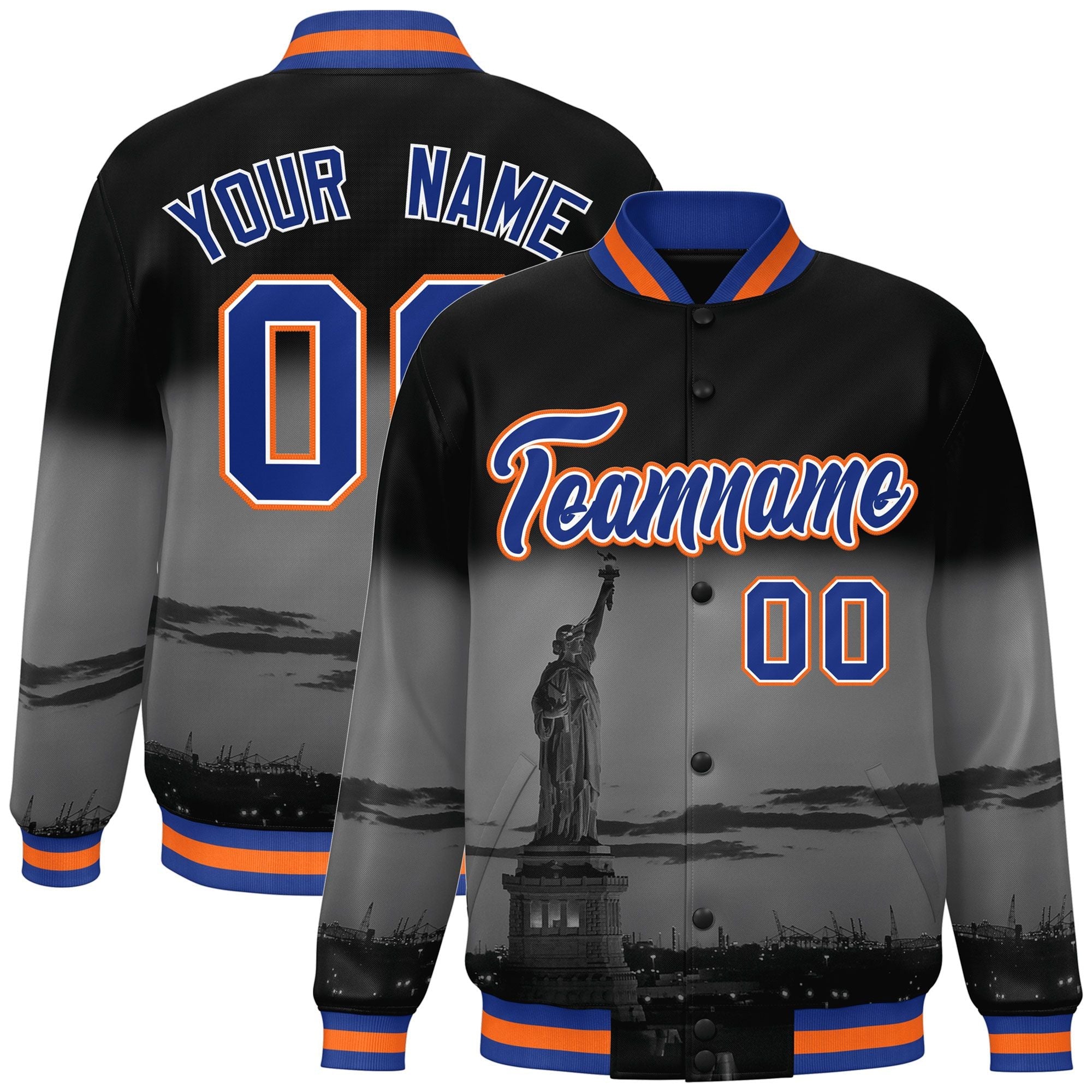 Custom Black Royal-Orange New York City Connect Track Varsity Full-Snap Jacket