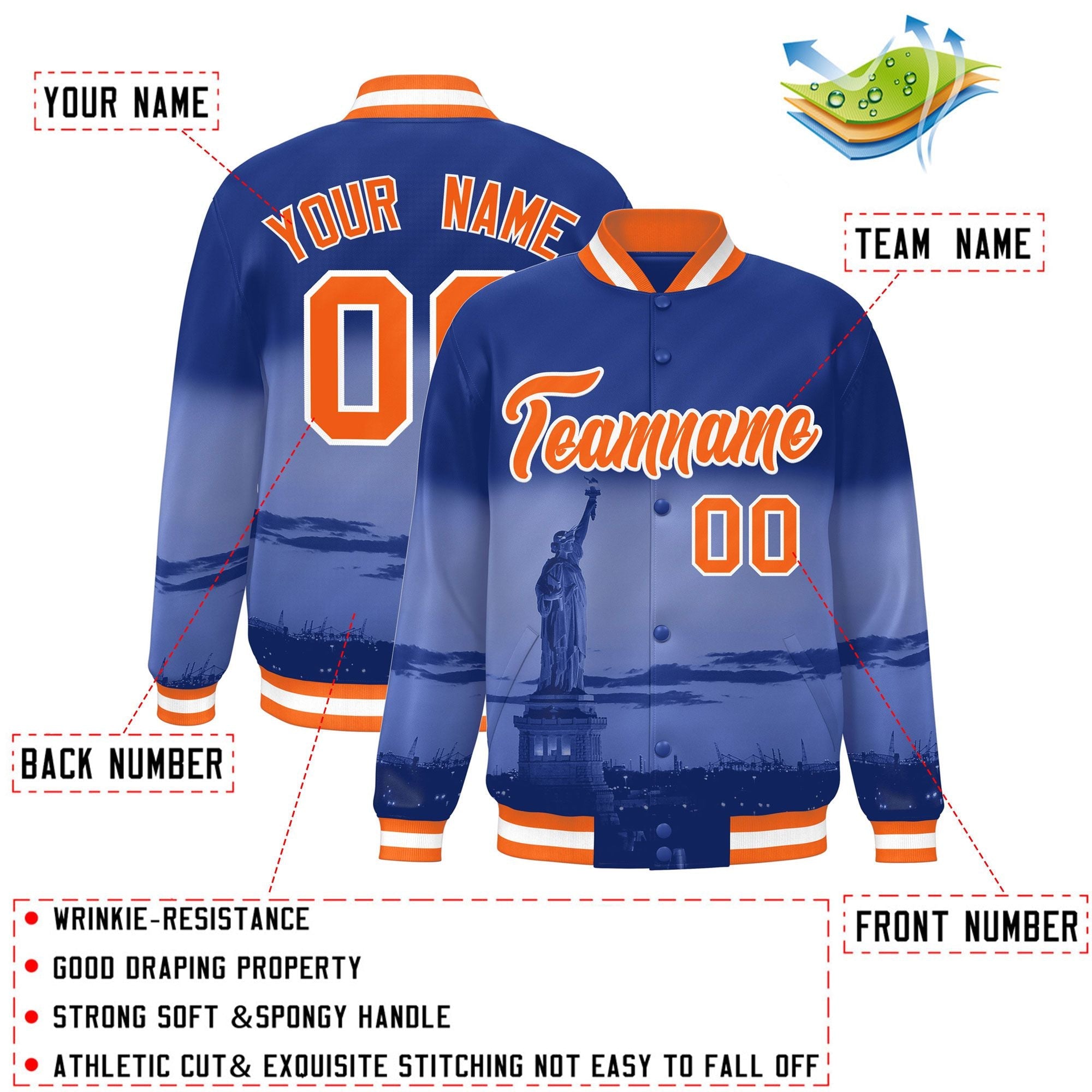 Custom Royal Orange-White New York City Connect Track Varsity Full-Snap Jacket