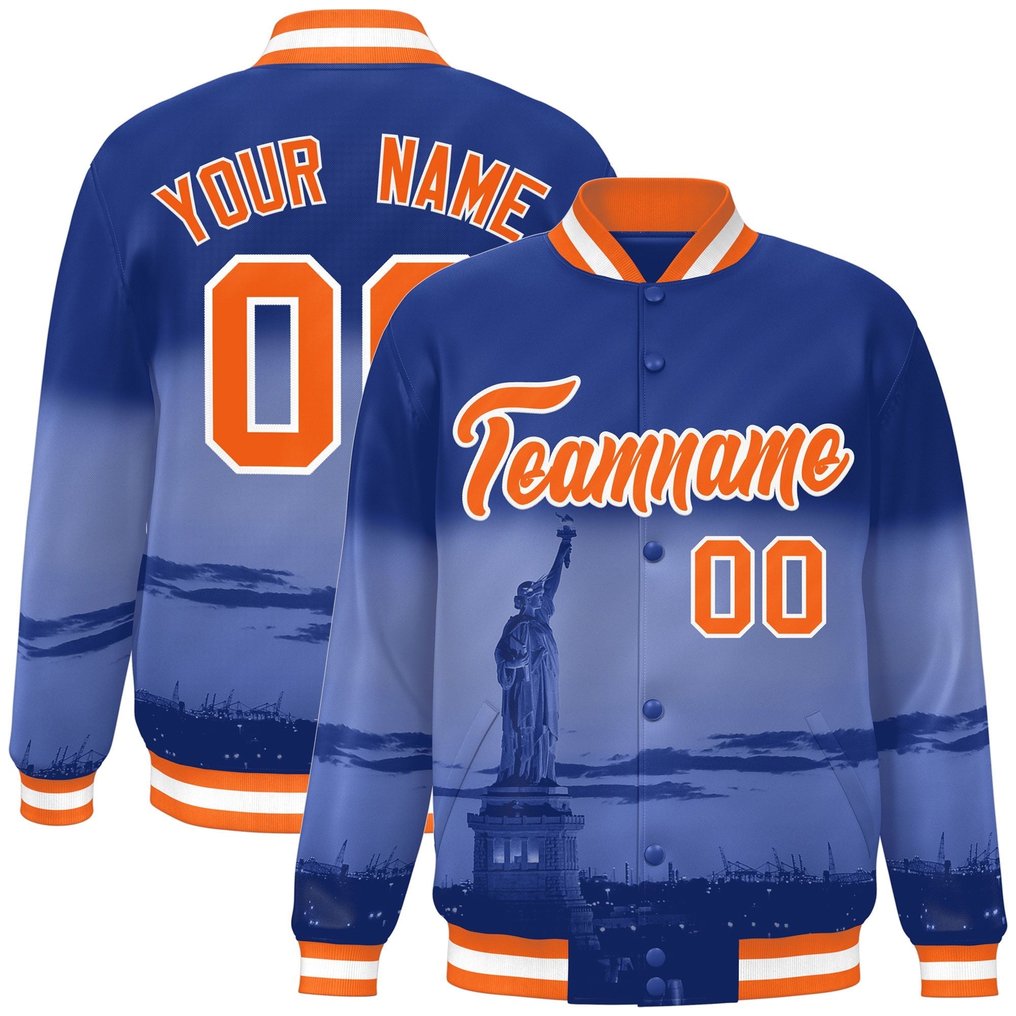 Custom Royal Orange-White New York City Connect Track Varsity Full-Snap Jacket