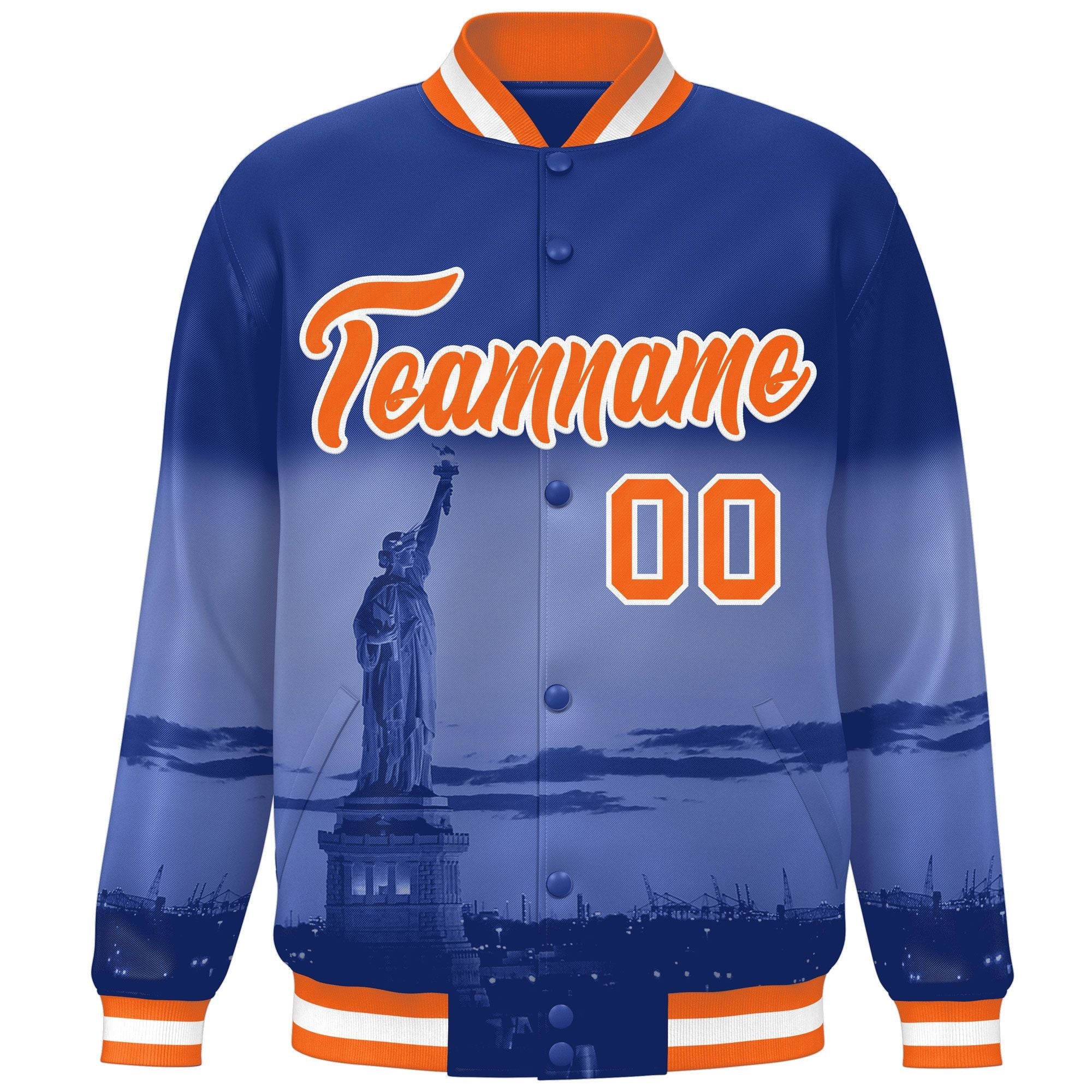 Custom Royal Orange-White New York City Connect Track Varsity Full-Snap Jacket