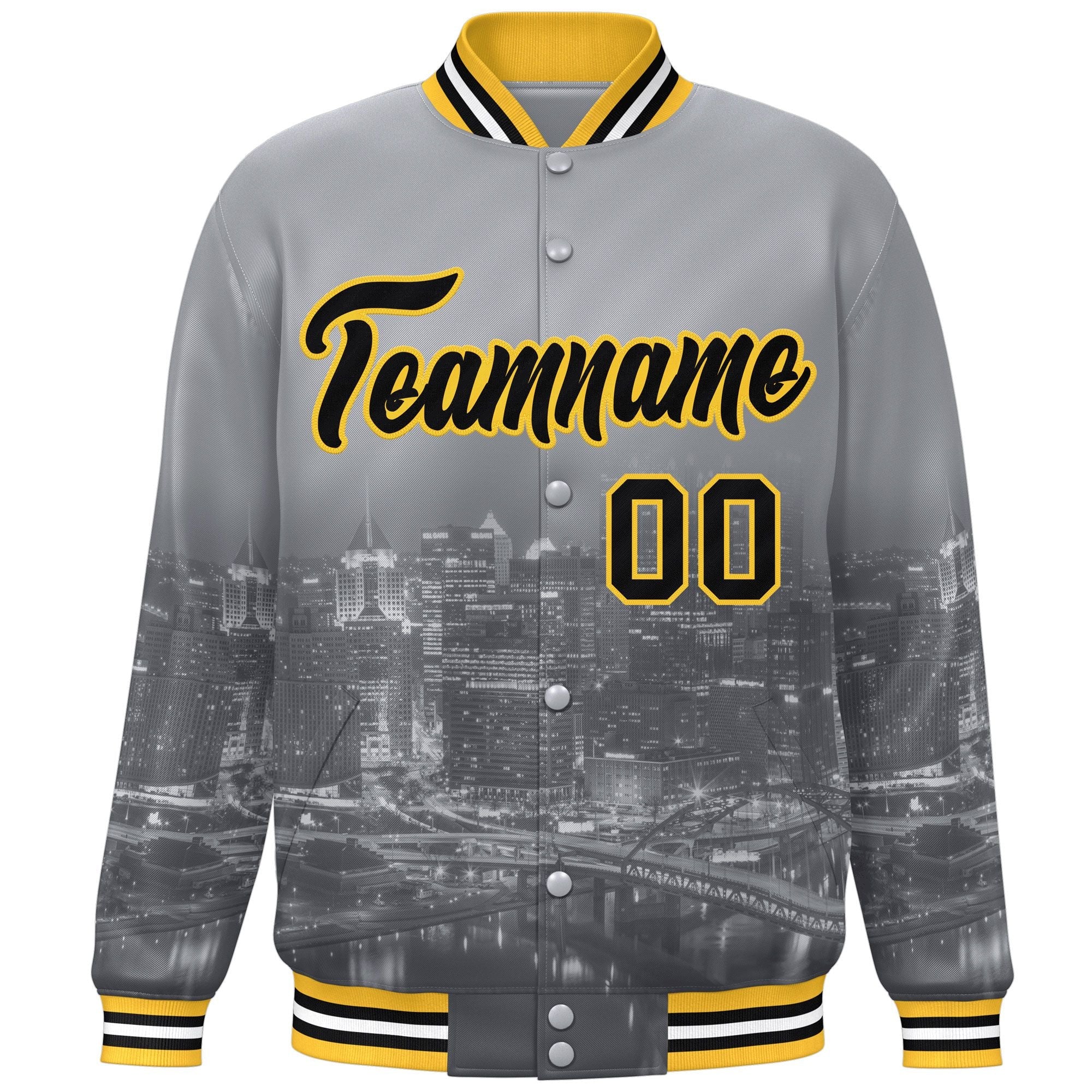 Custom Gray Black-Gold Pittsburgh City Connect Track Varsity Full-Snap Jacket