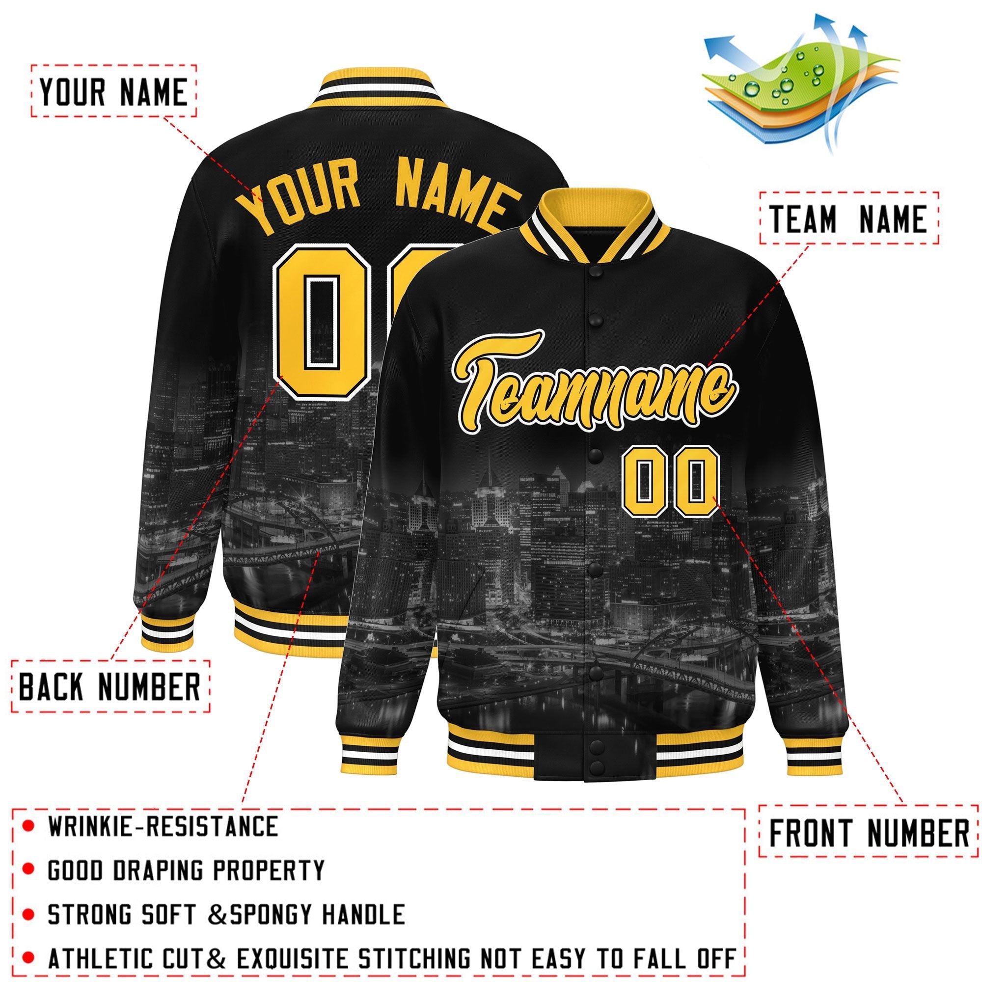 Custom Black Gold-White Pittsburgh City Connect Track Varsity Full-Snap Jacket