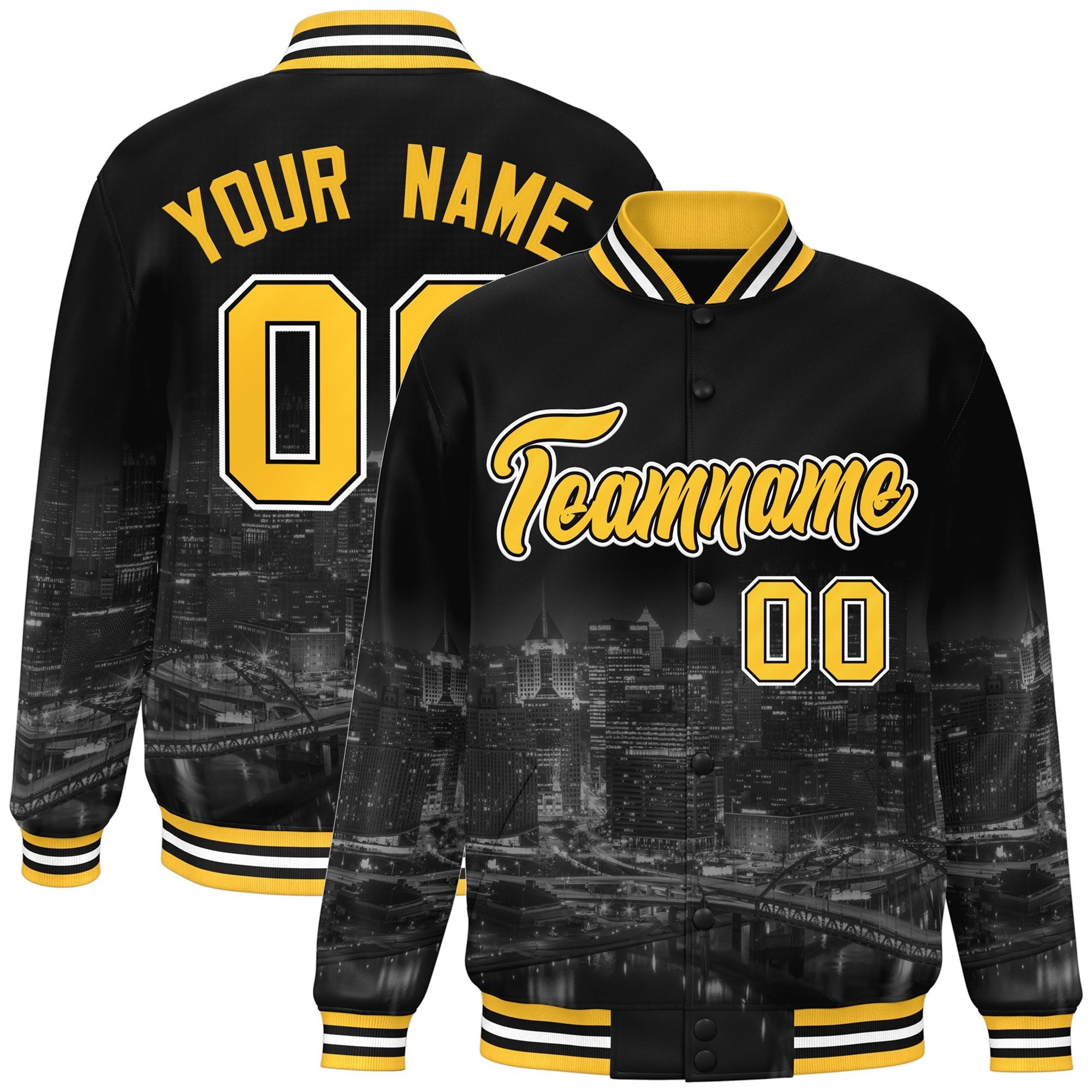 Custom Black Gold-White Pittsburgh City Connect Track Varsity Full-Snap Jacket