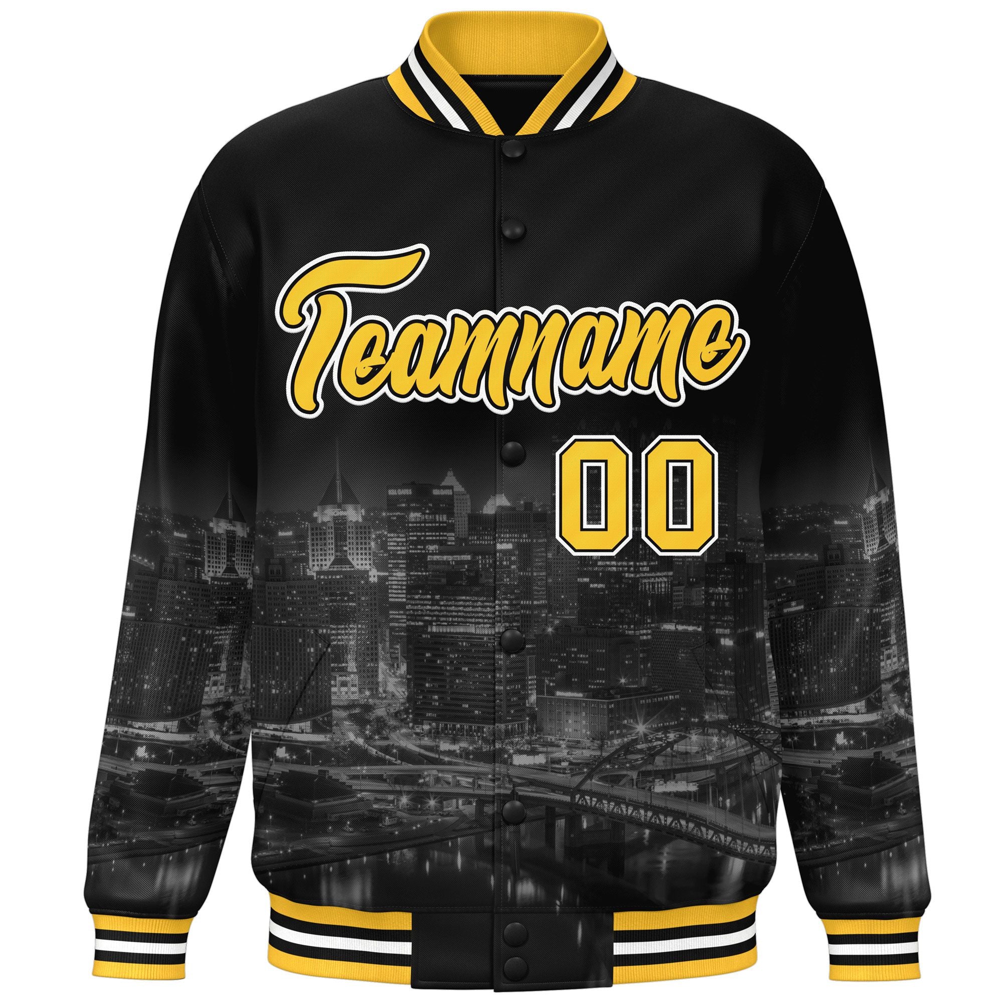 Custom Black Gold-White Pittsburgh City Connect Track Varsity Full-Snap Jacket